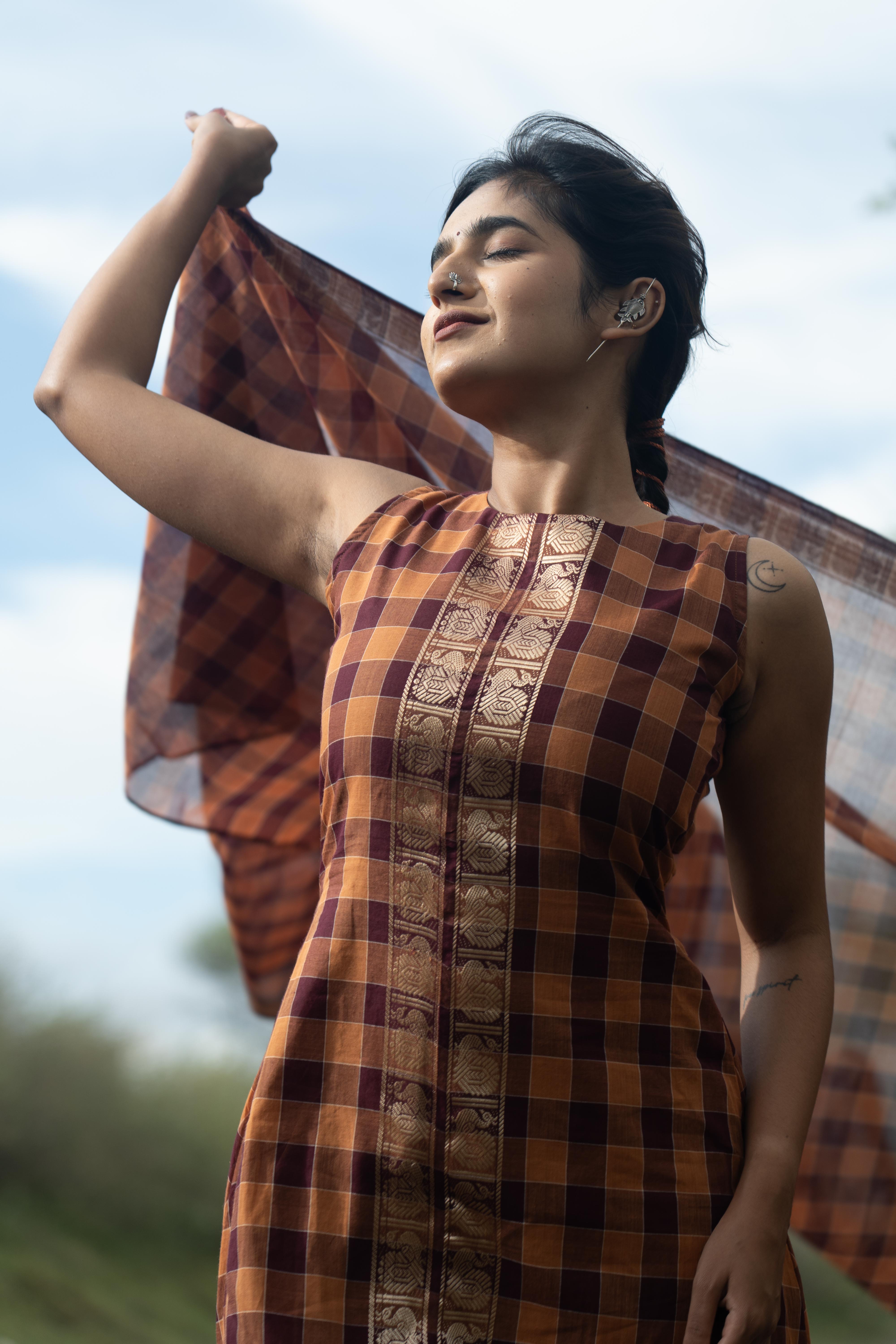 Brown with wine Madras Checks Top & Dupatta