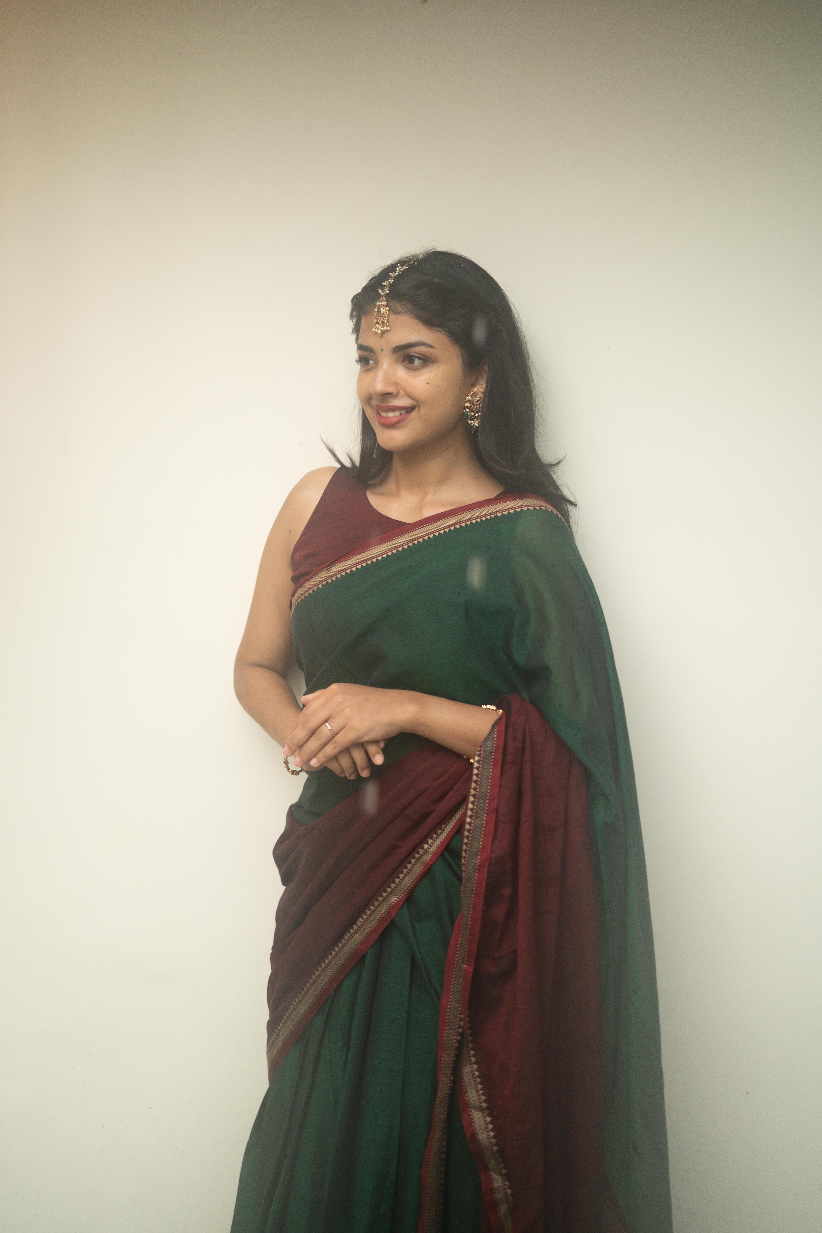 Green with Maroon Half Saree