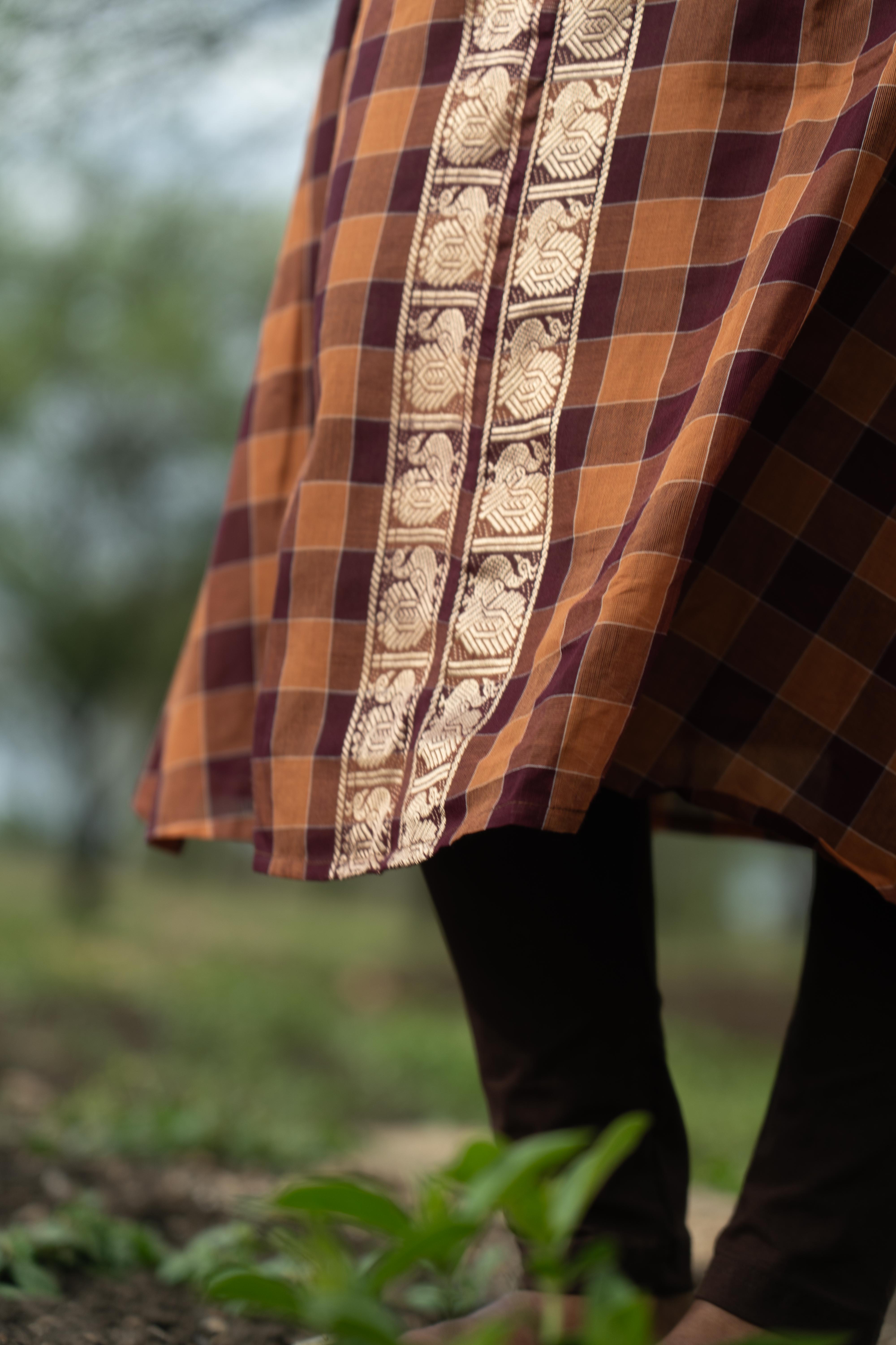 Brown with wine Madras Checks Top & Dupatta