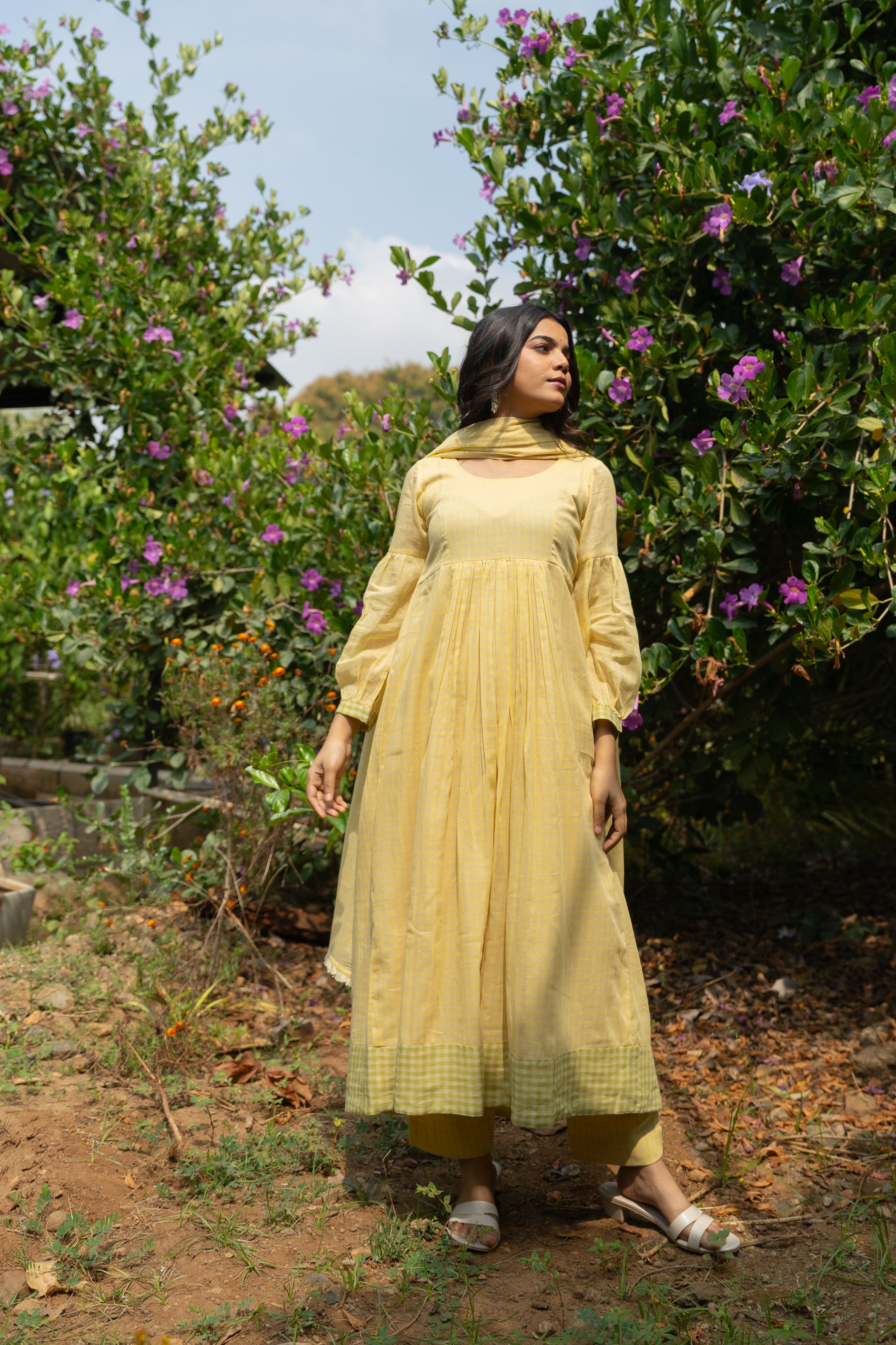 Butter yellow checked Anarkali set