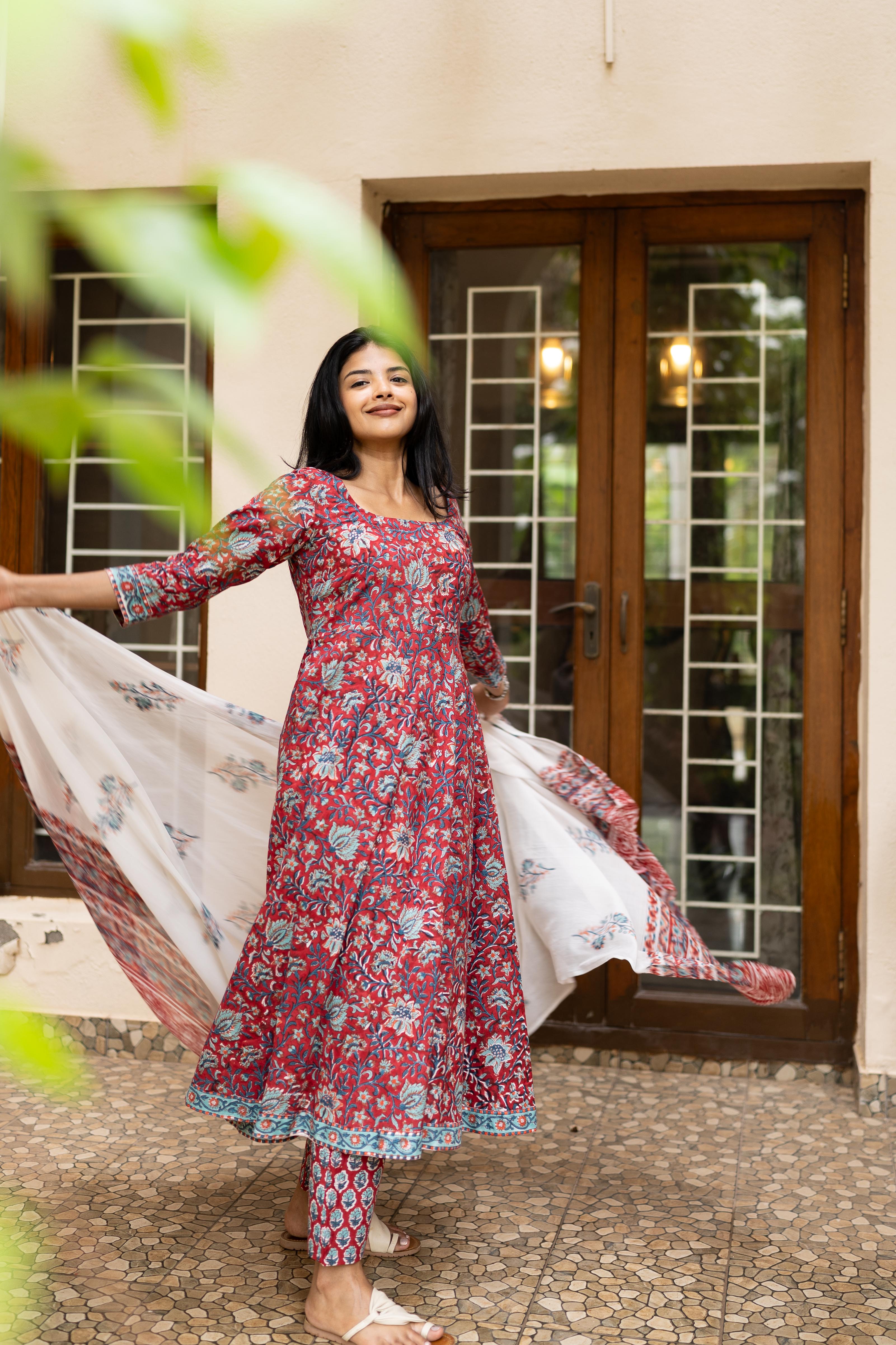 Deep red handblock printed anarkali set