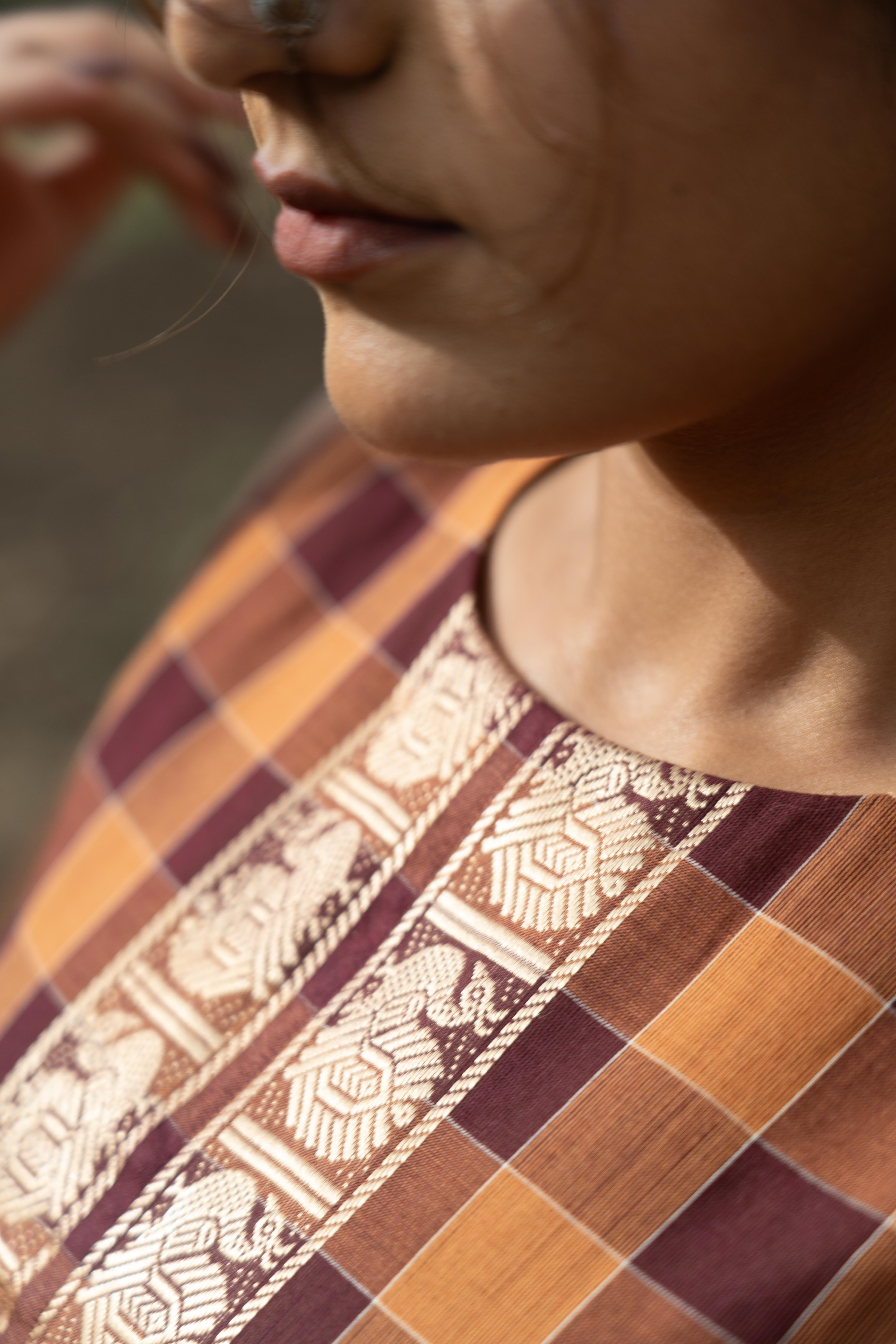 Brown with wine Madras Checks Top & Dupatta