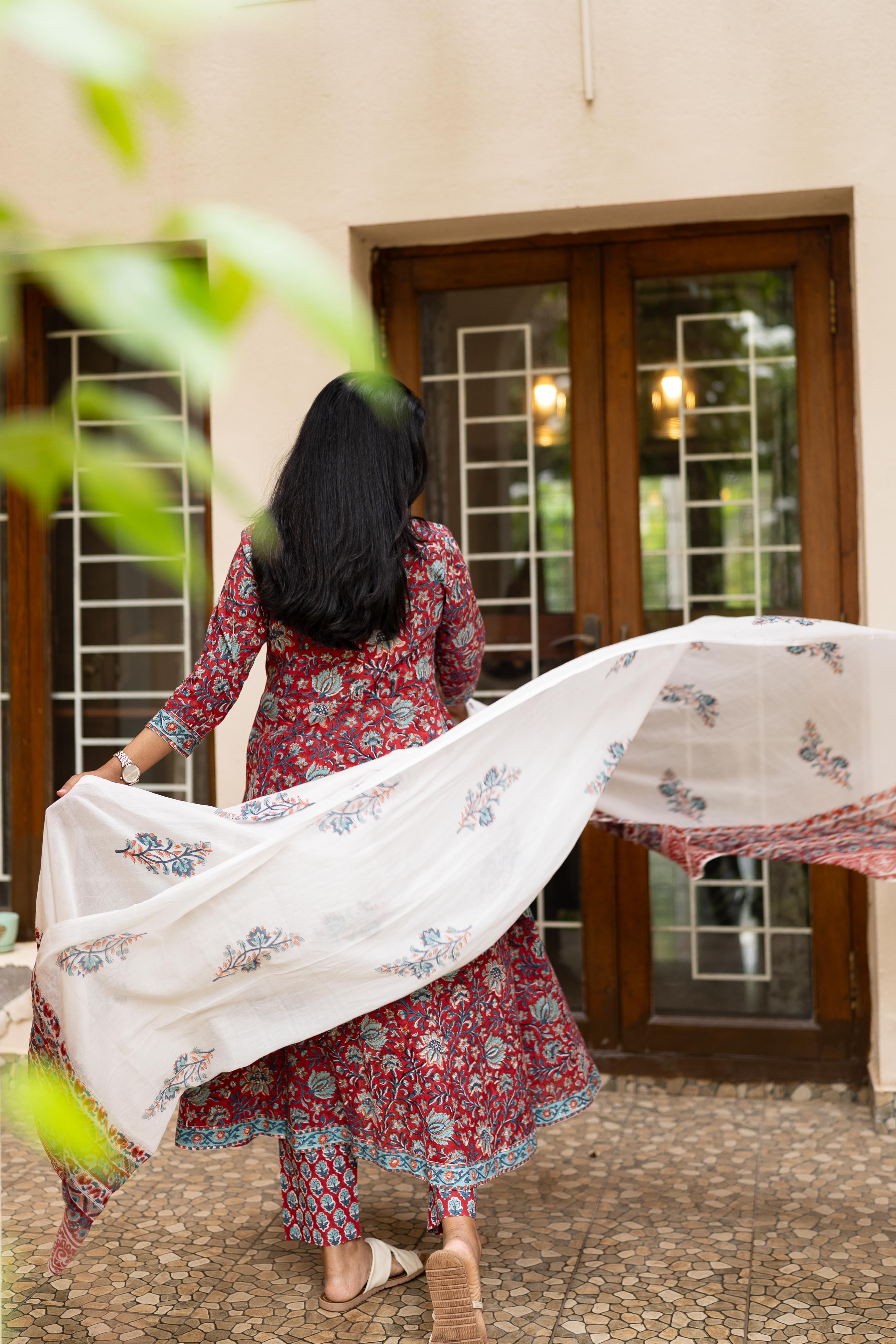 Deep red handblock printed anarkali set