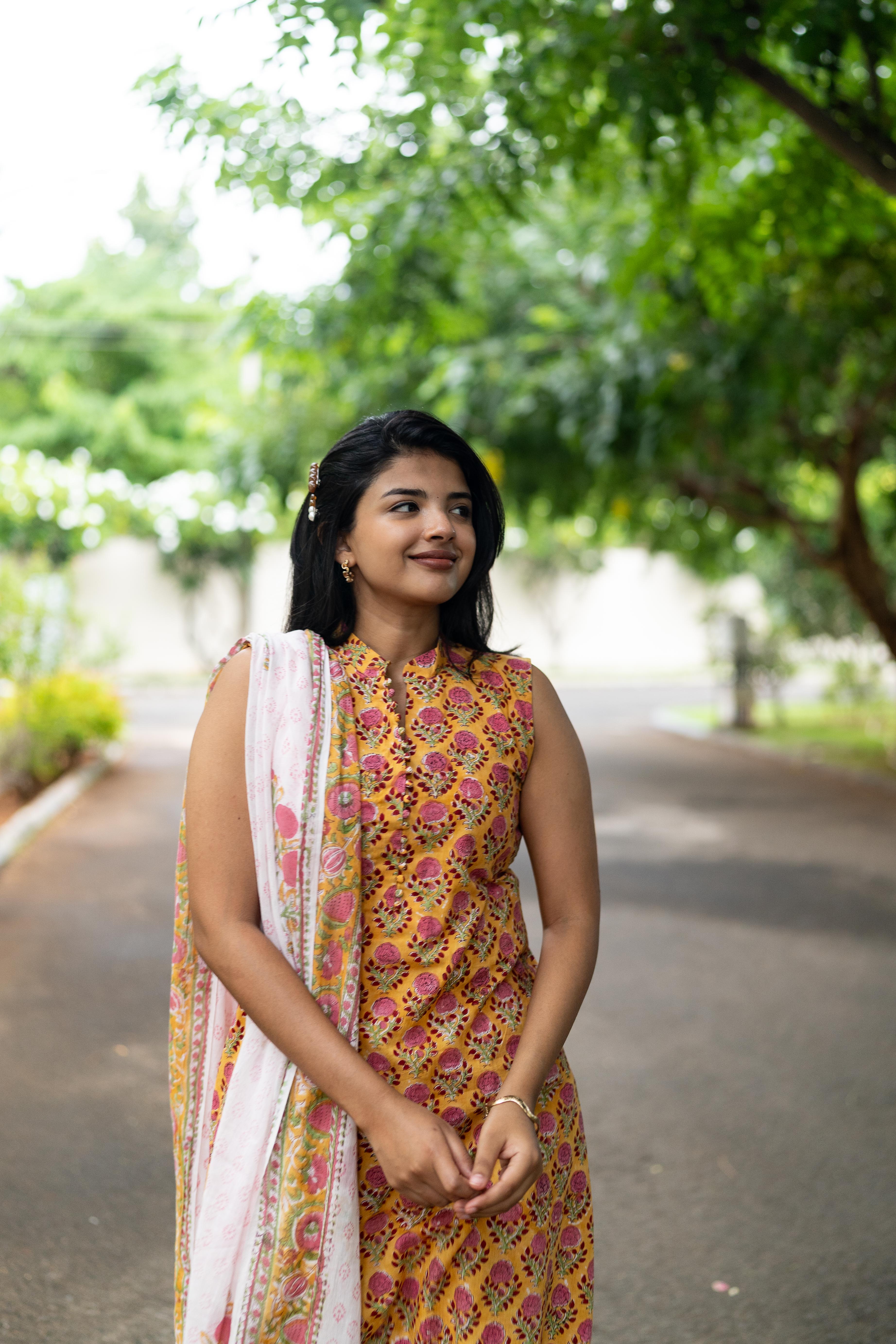 Yellow handblock printed suit set