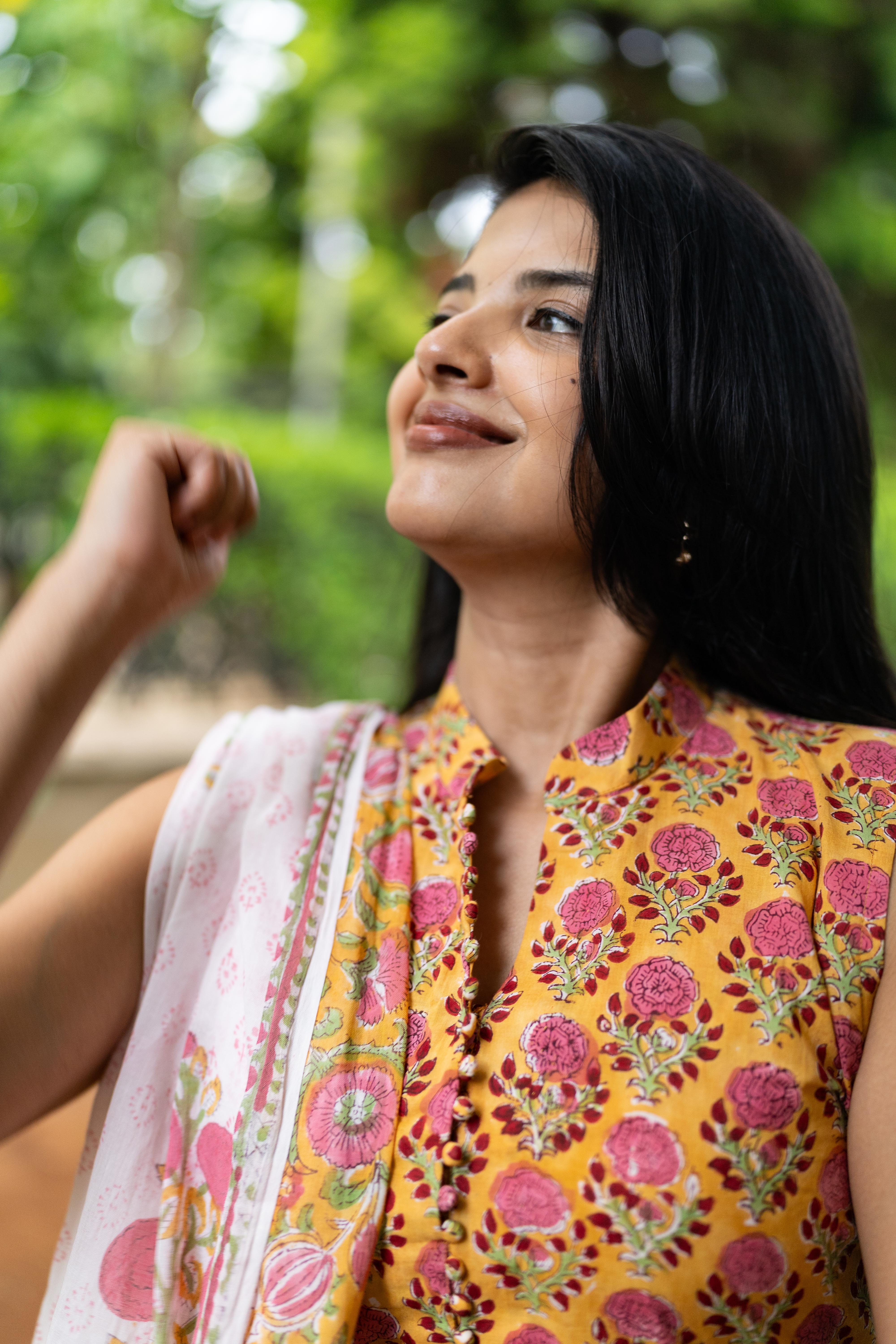 Yellow handblock printed suit set