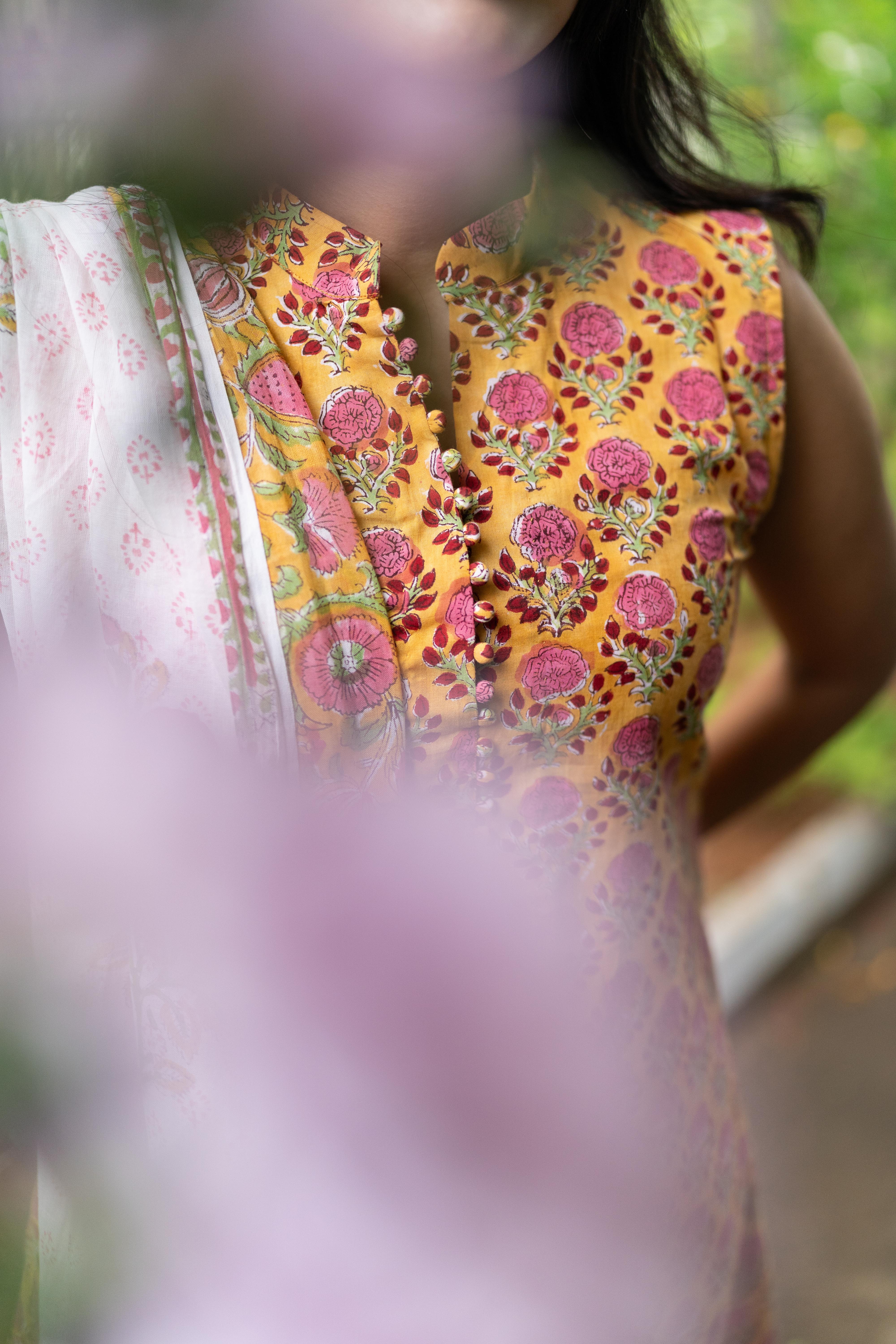 Yellow handblock printed suit set