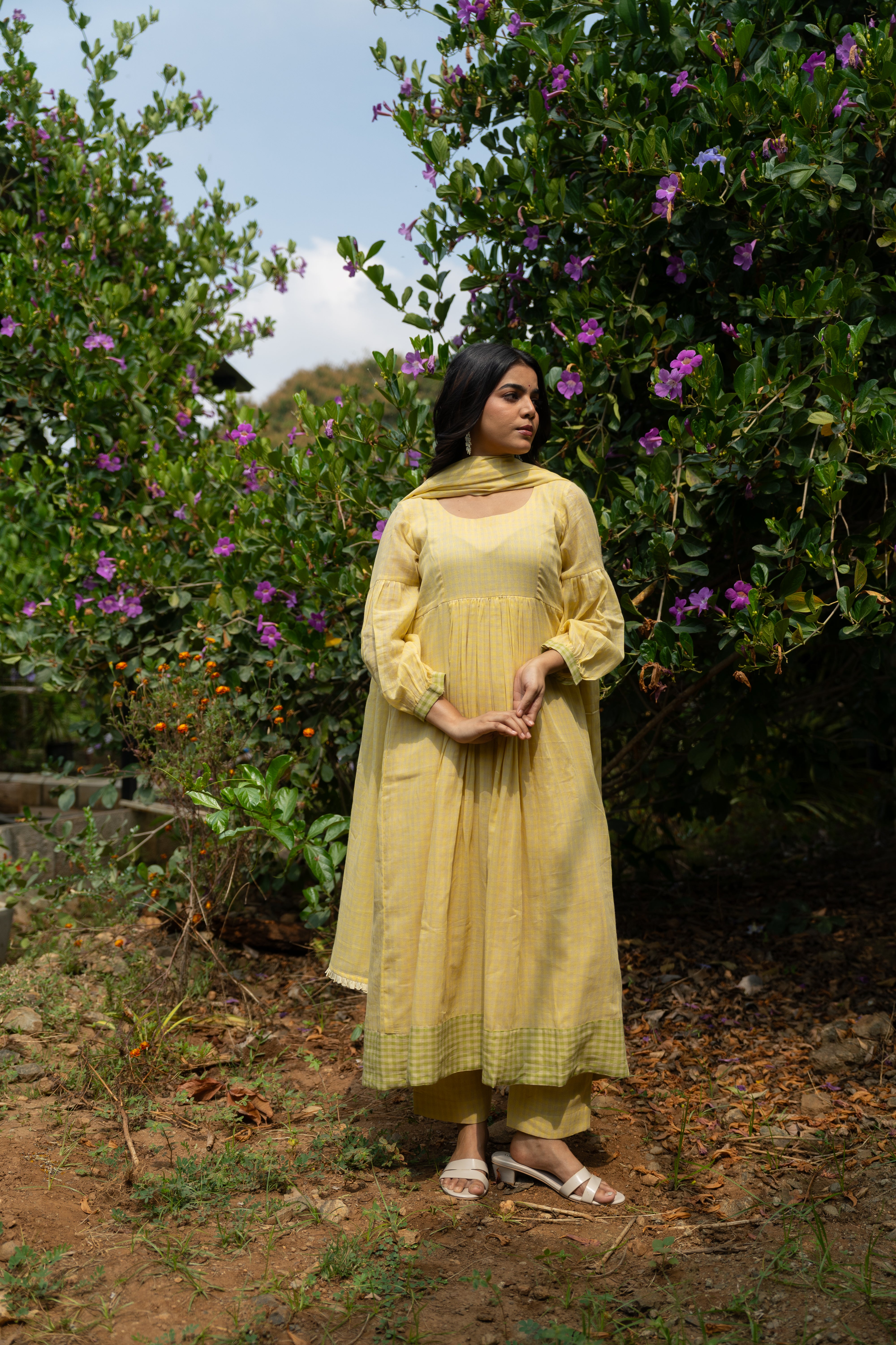 Butter yellow checked Anarkali set
