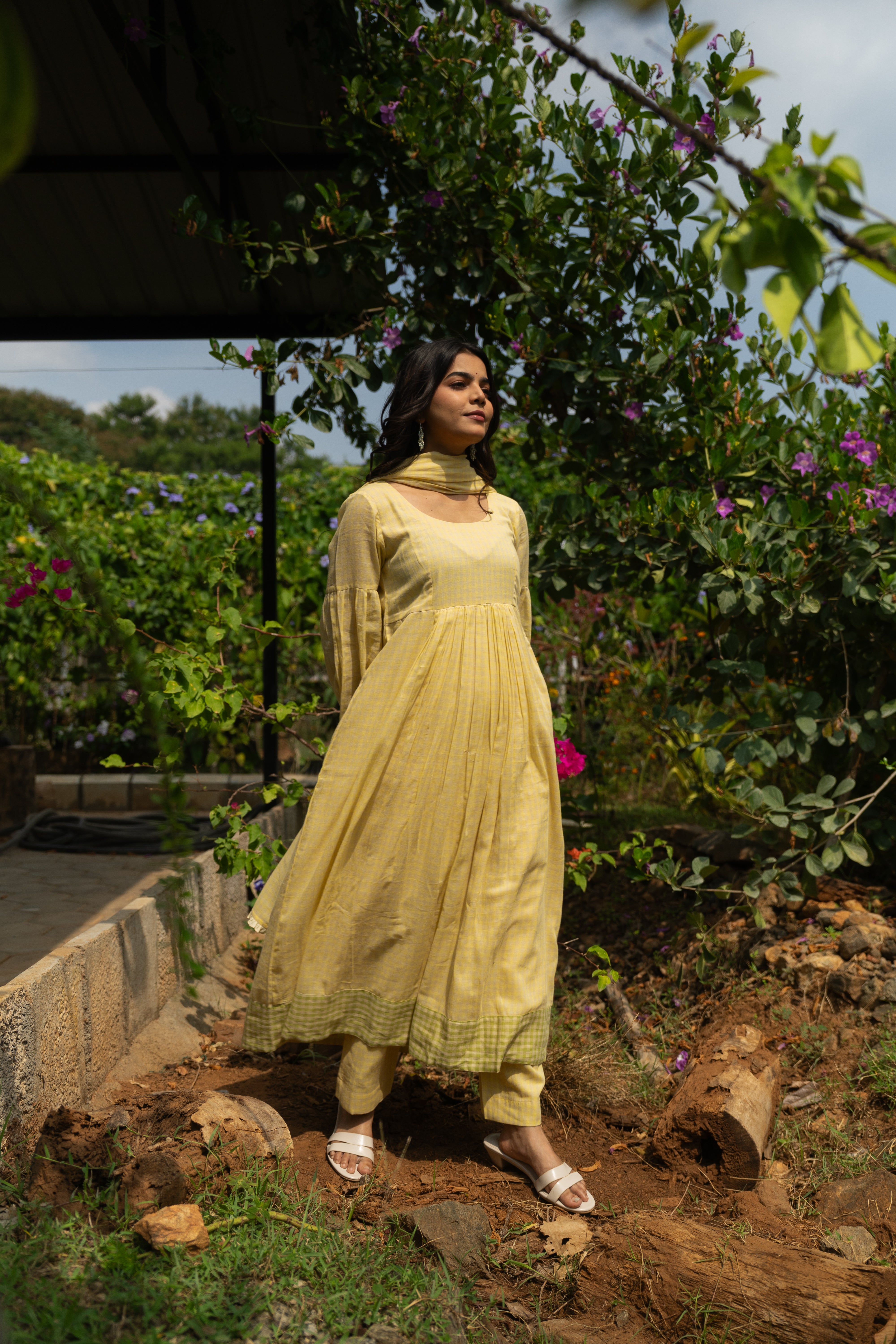 Butter yellow checked Anarkali set