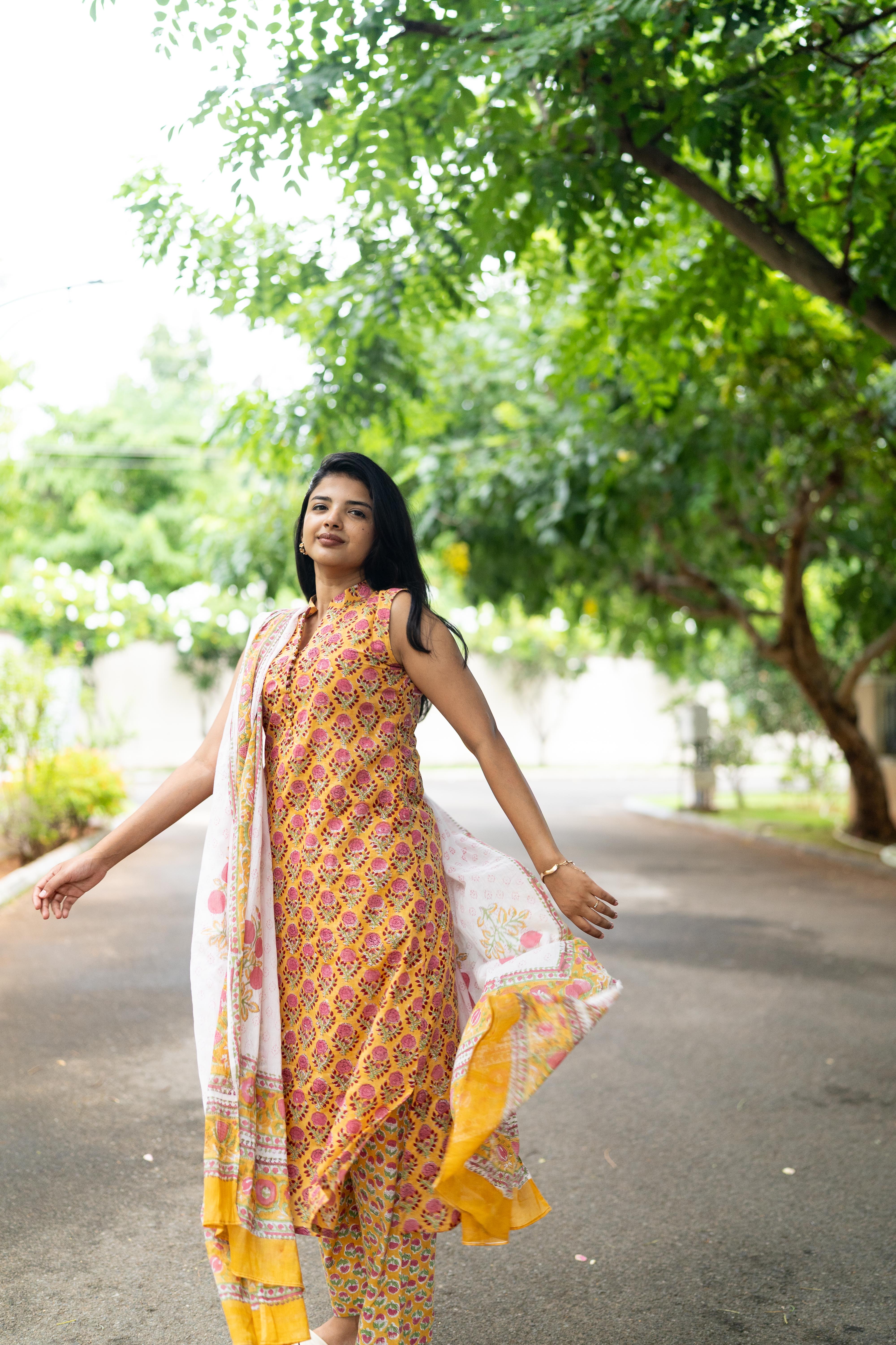 Yellow handblock printed suit set