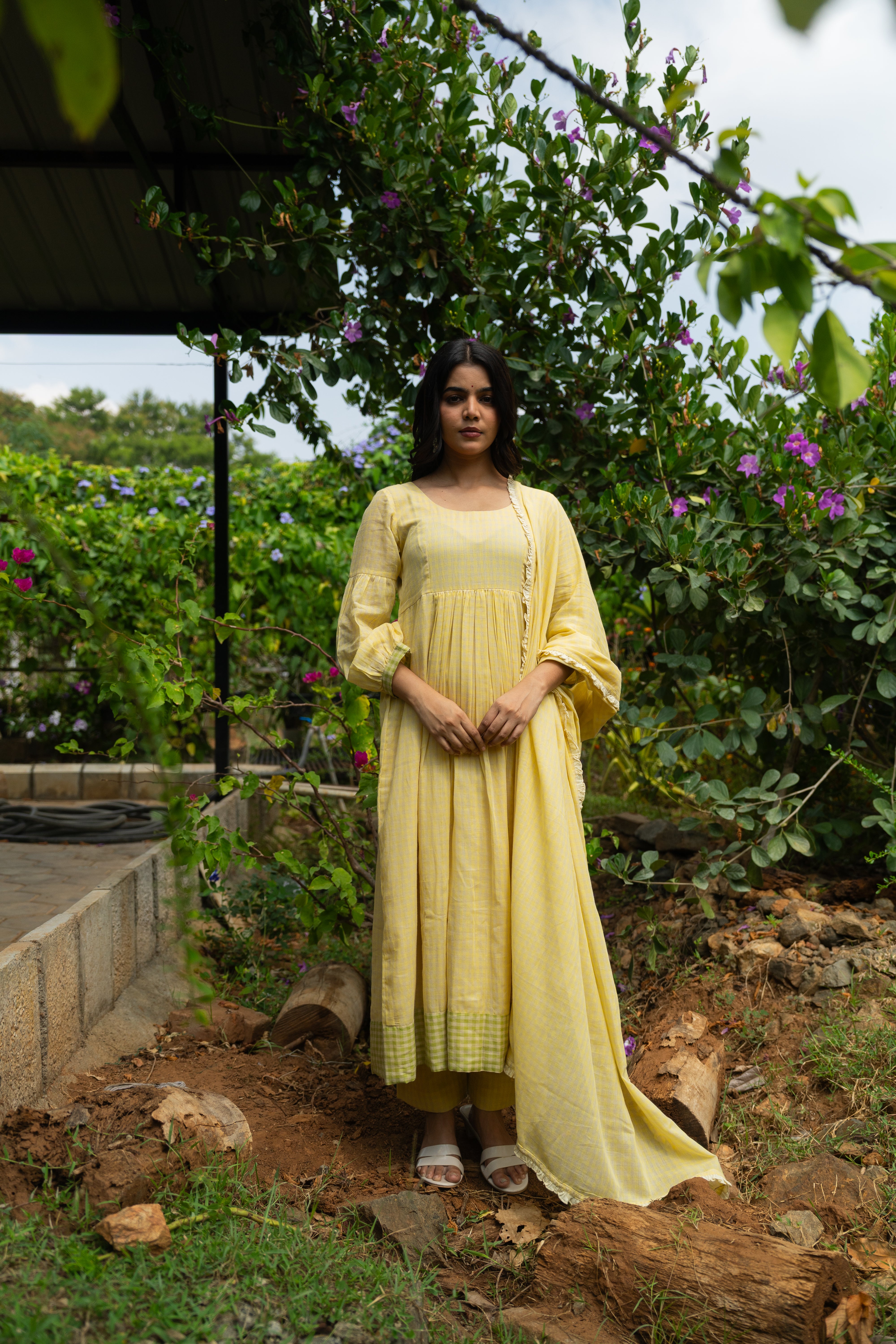 Butter yellow checked Anarkali set