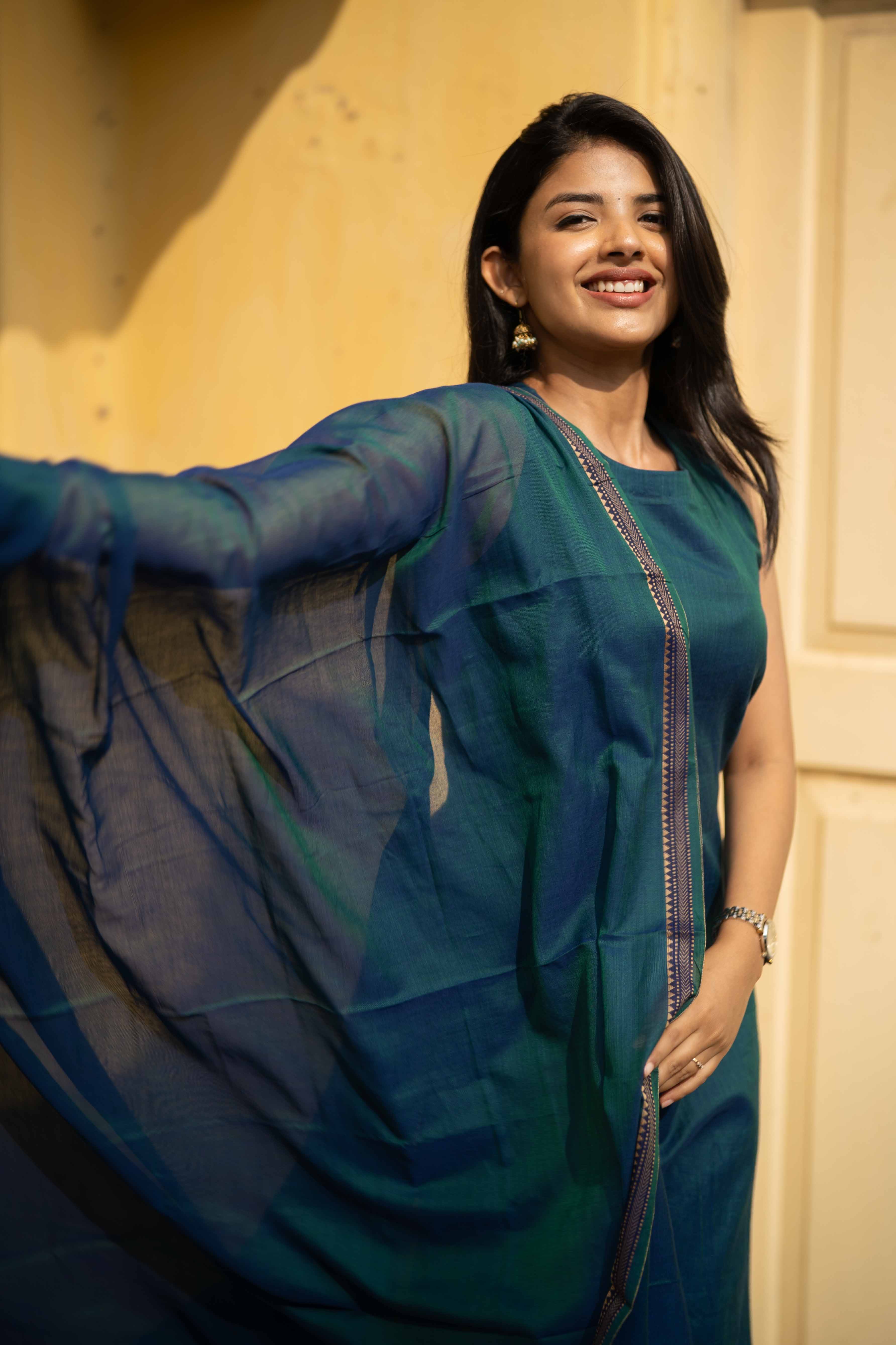 Peacock Blue Malar Narayanpet Salwar Set (Top & Dupatta)