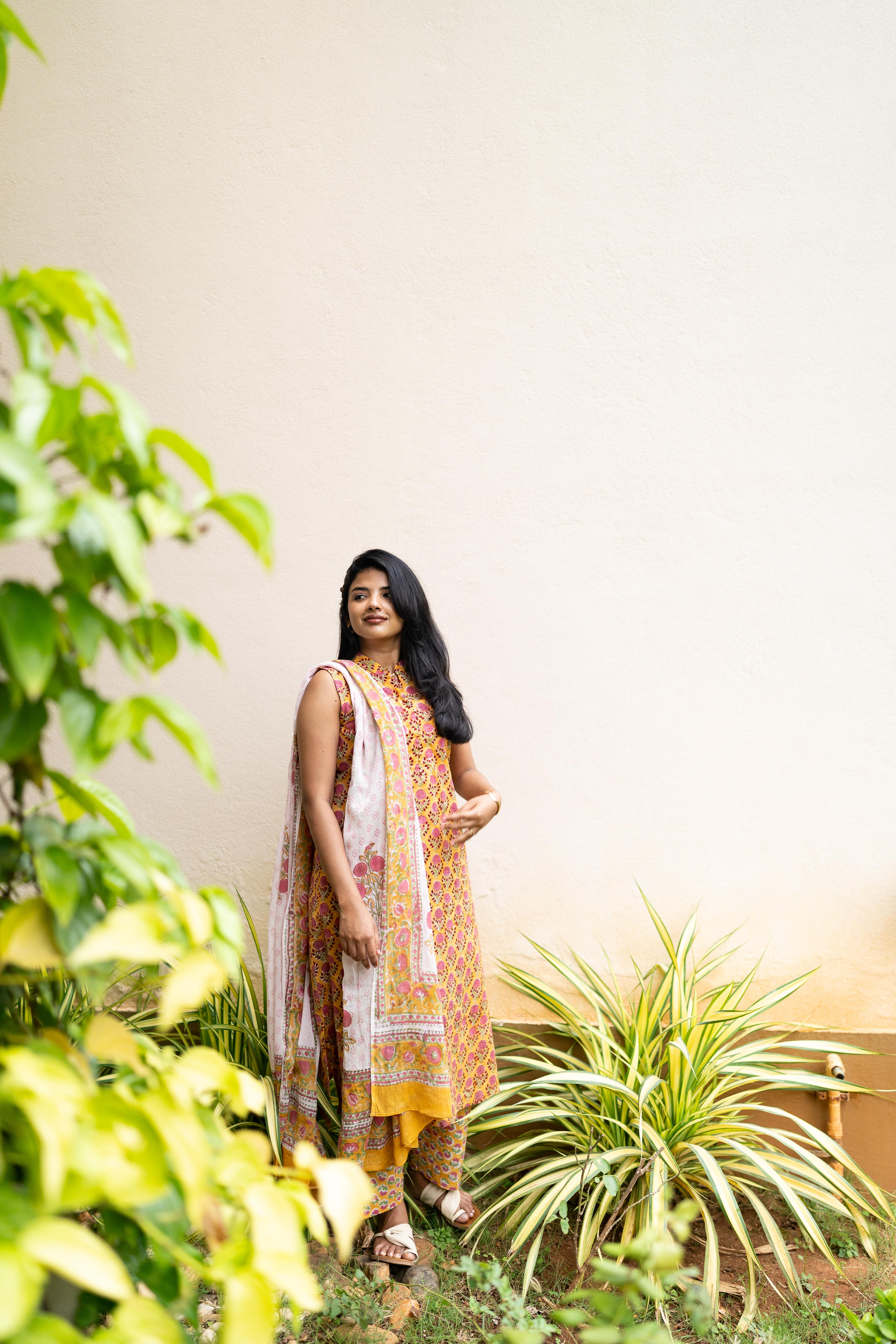 Yellow handblock printed suit set
