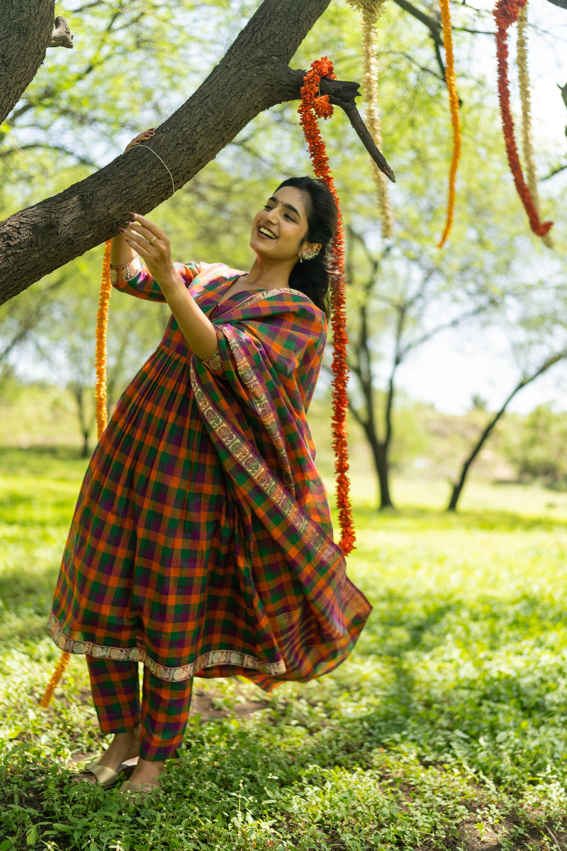Multi Color Madras Checks Kanchi Cotton Top & Dupatta