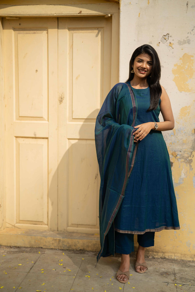 Peacock Blue Malar Narayanpet Salwar Set (Top & Dupatta)