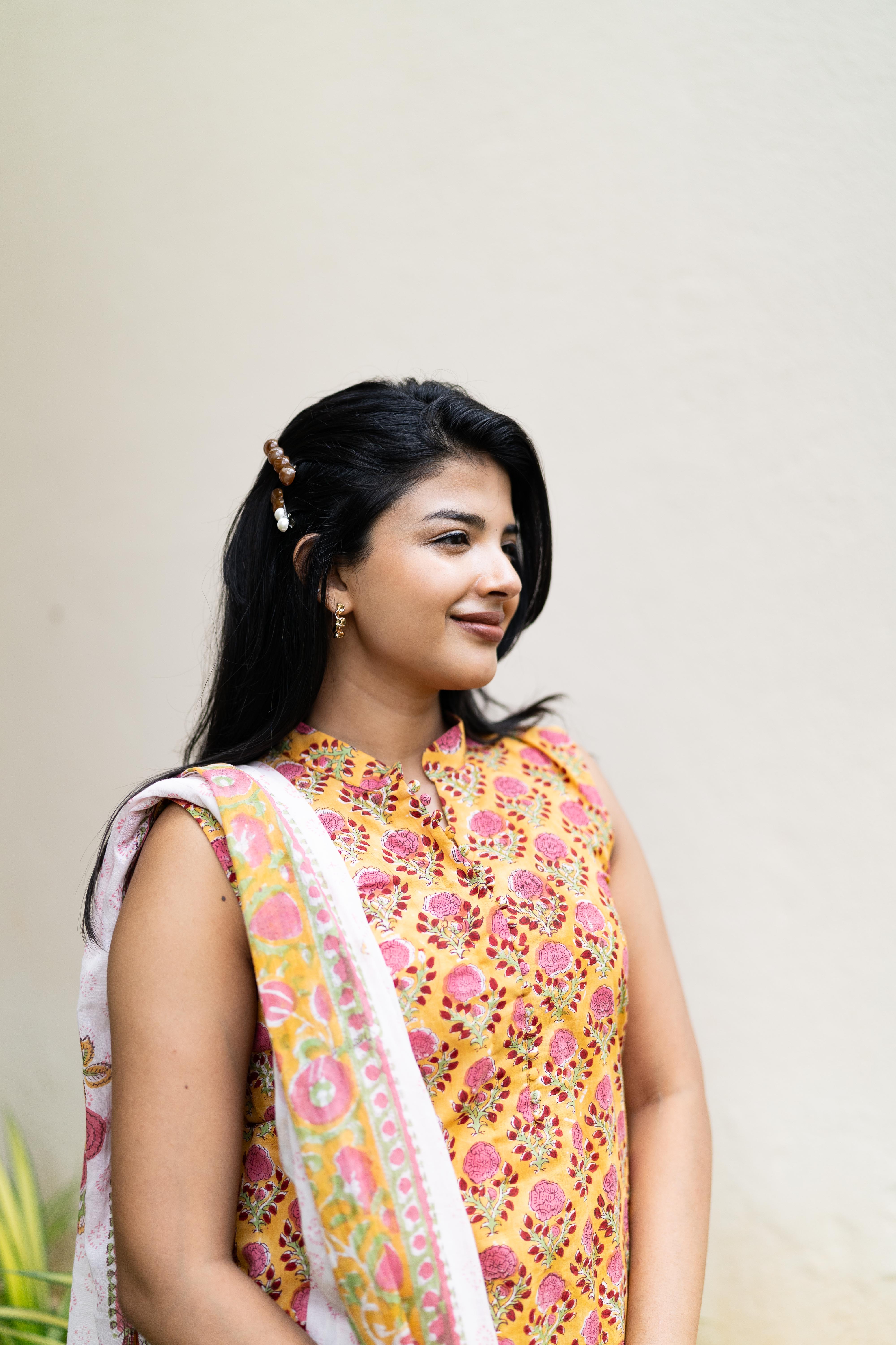 Yellow handblock printed suit set