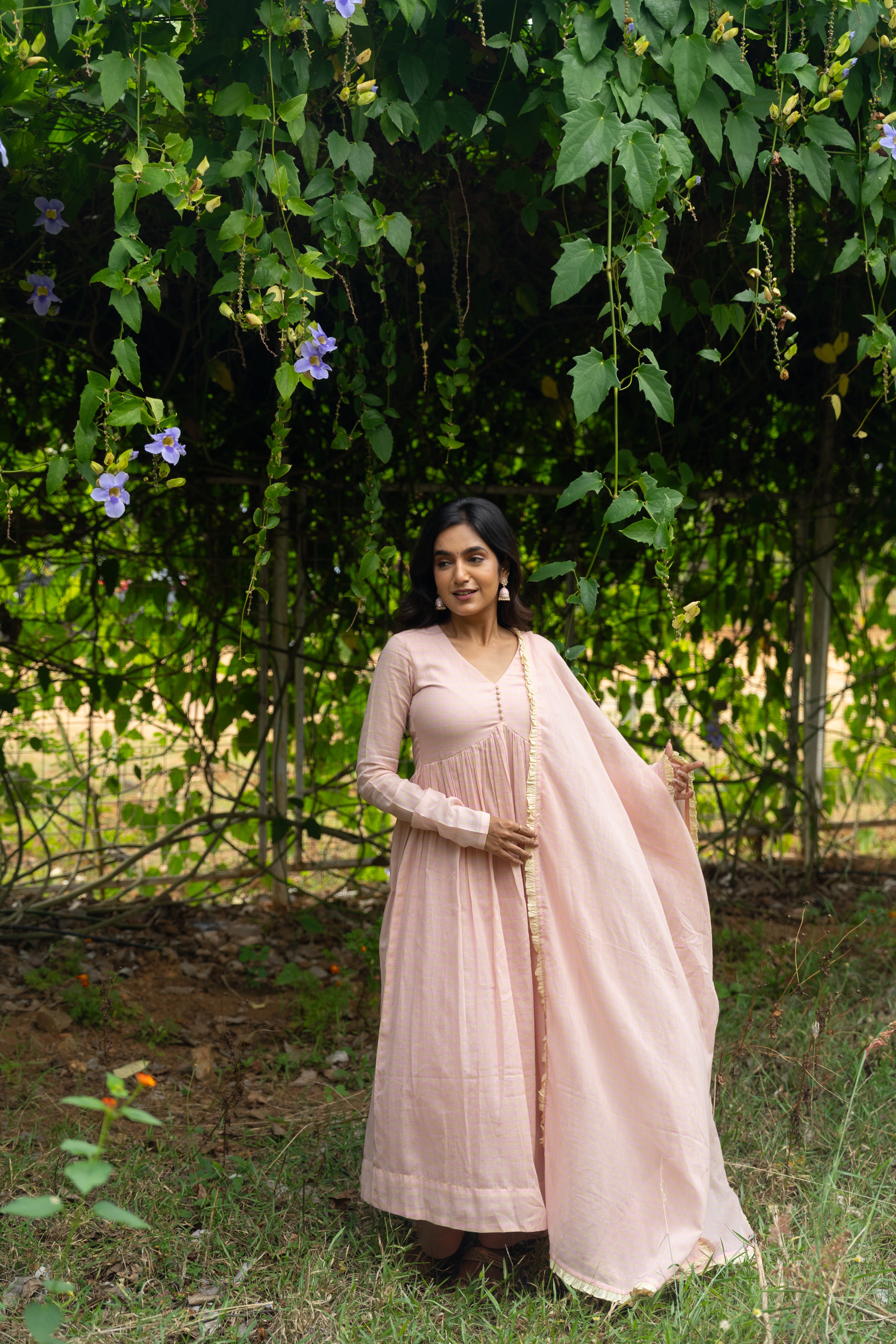 Powder pink checked Anarkali set