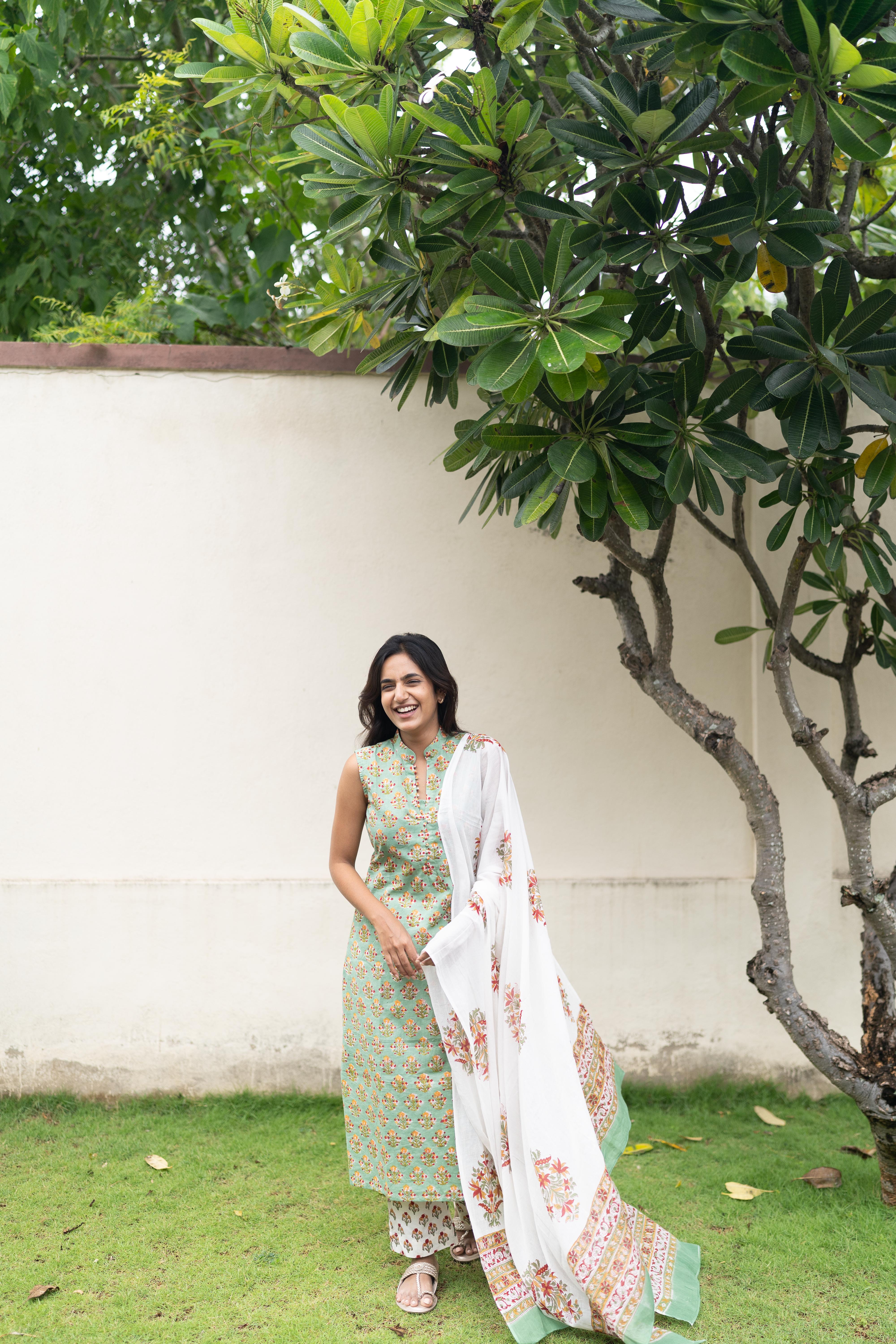 Mint green handblock printed suit set