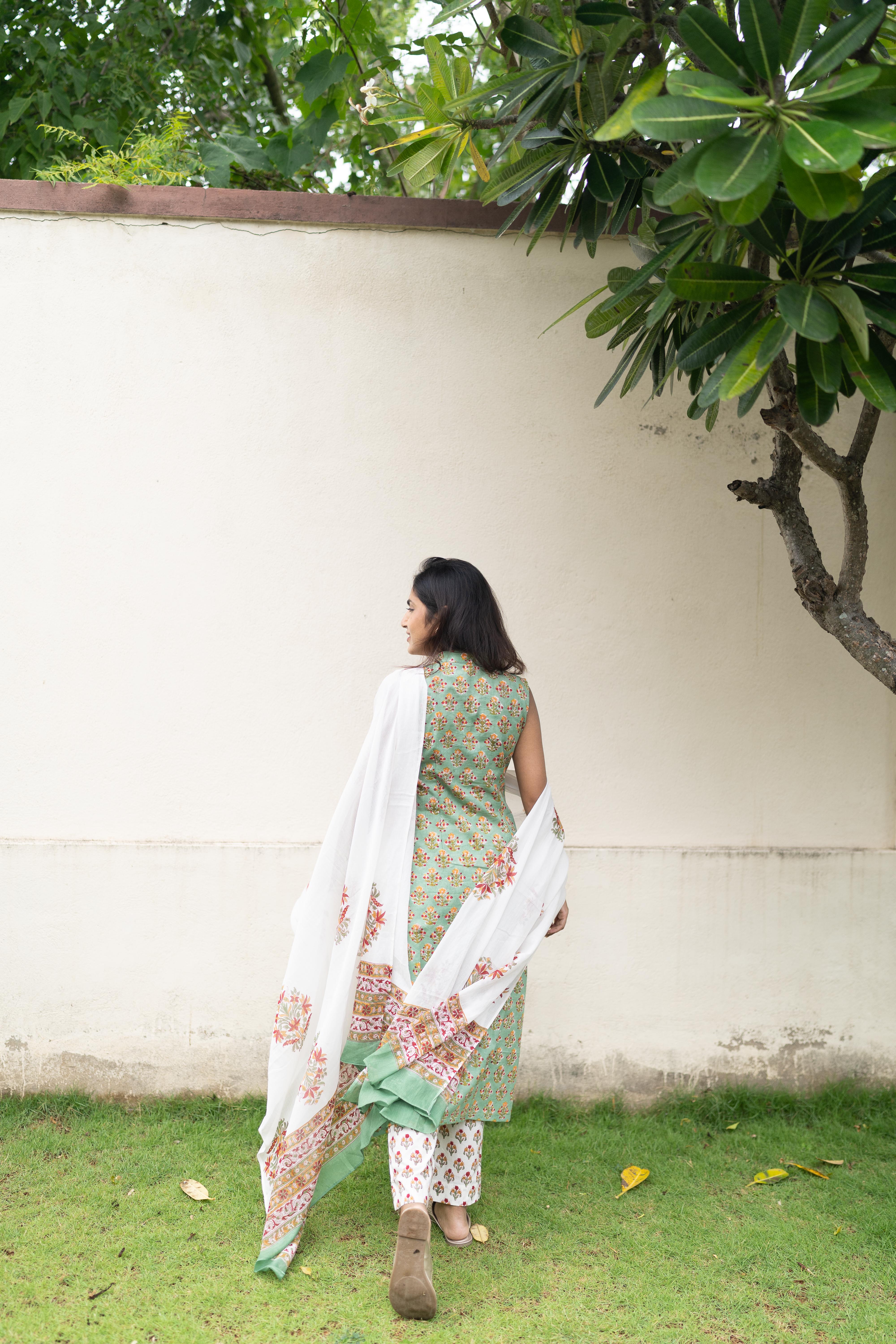 Mint green handblock printed suit set