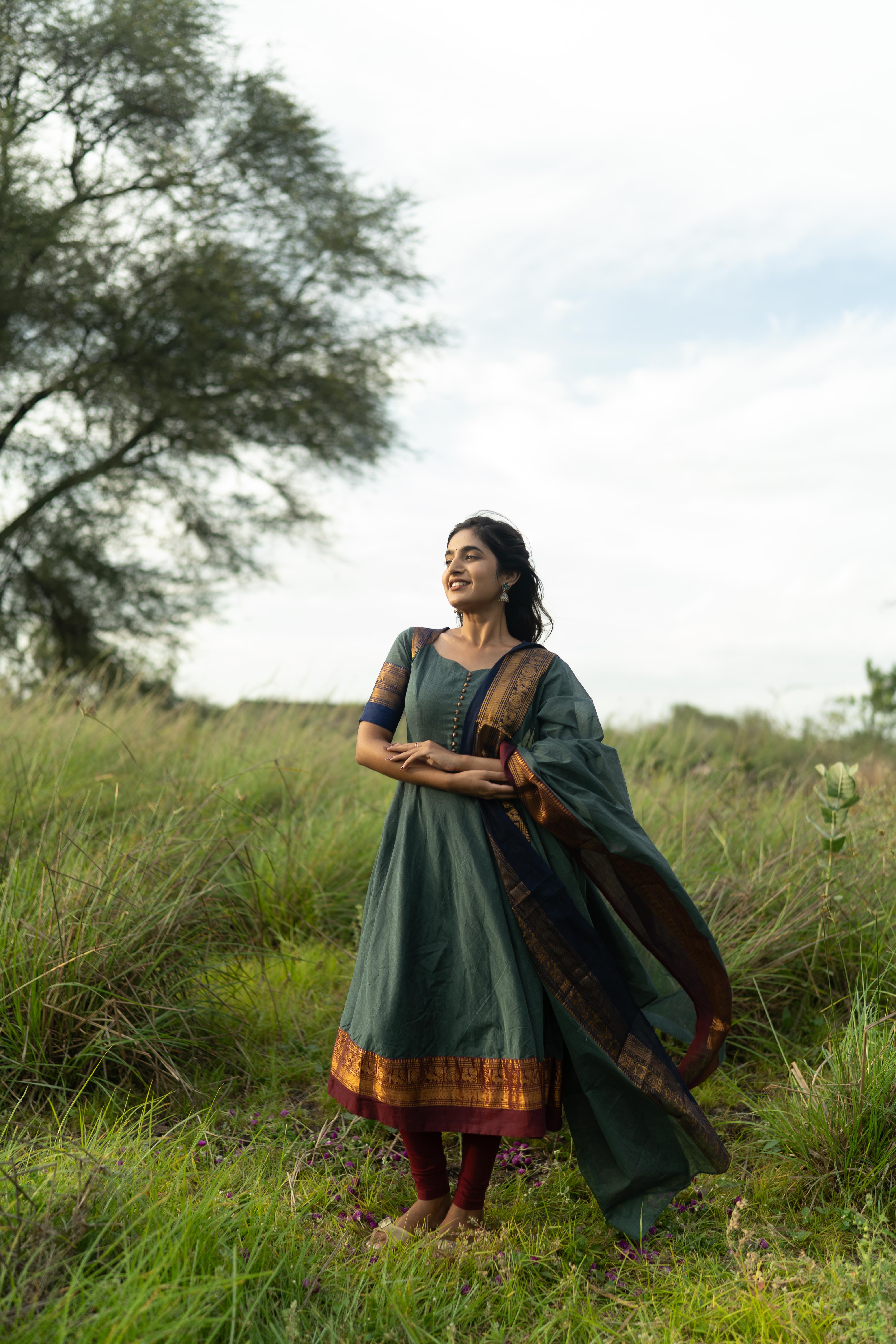 Blue with Maroon & blue Border Kanchi Cotton with potli balls Top & Dupatta