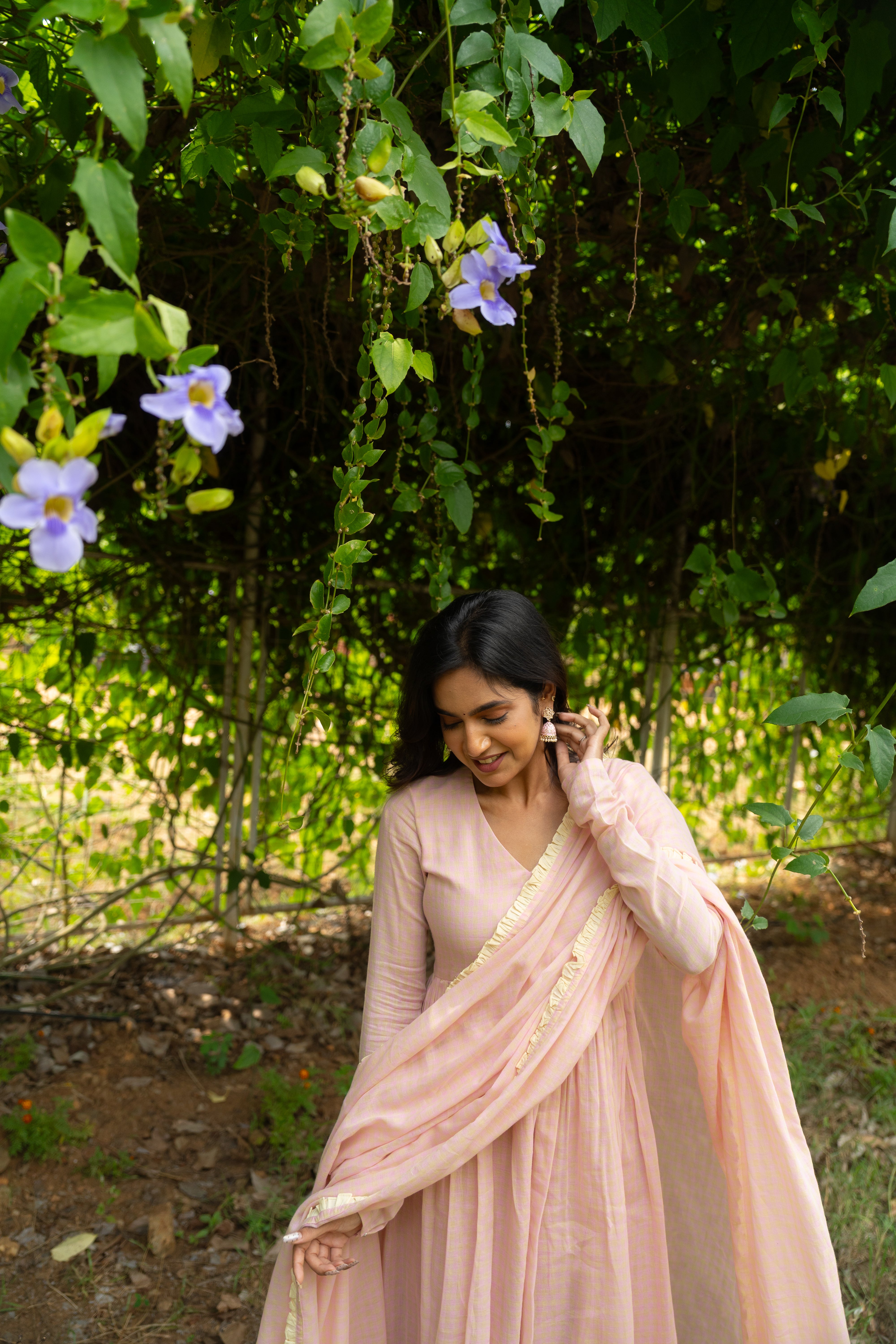 Powder pink checked Anarkali set