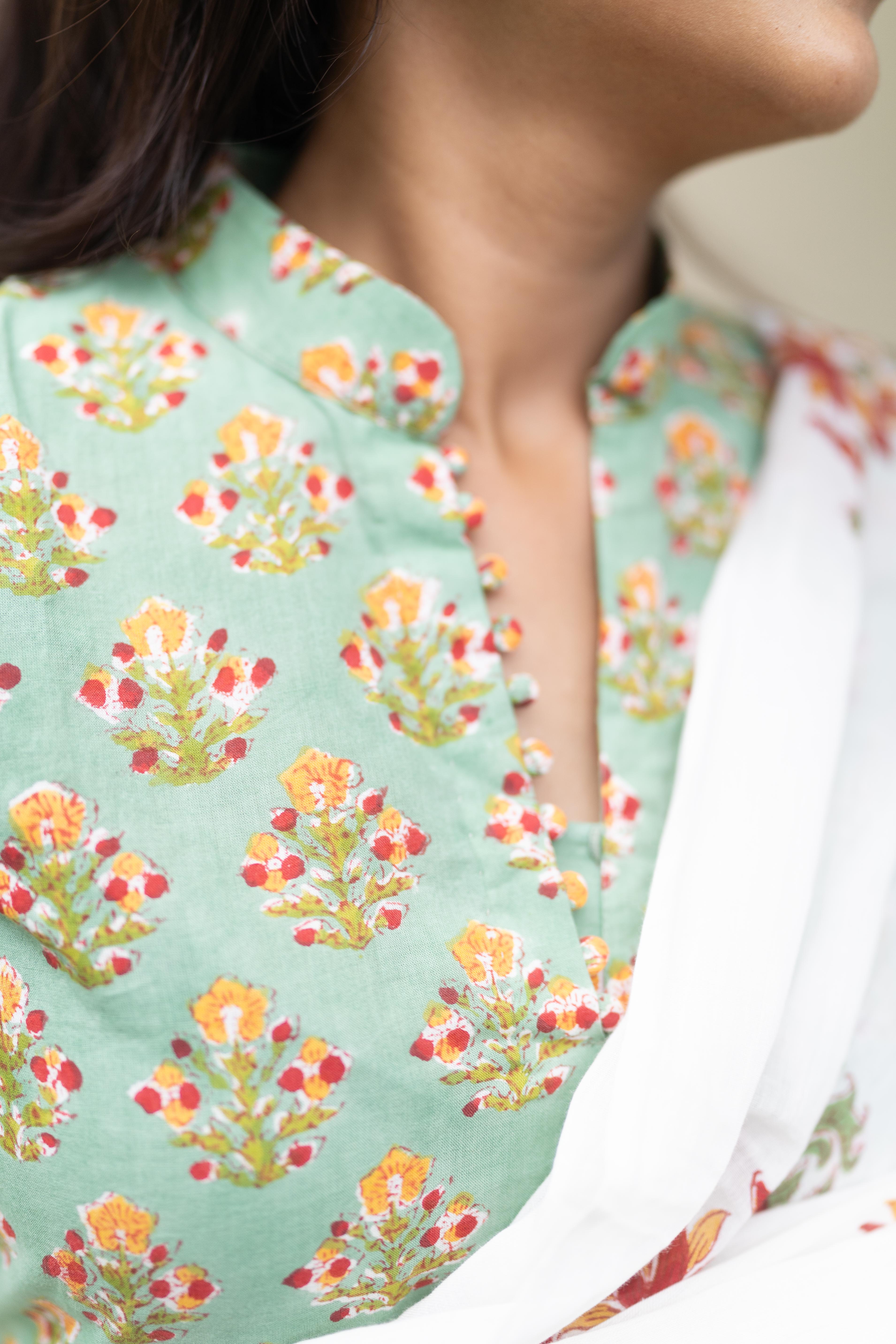 Mint green handblock printed suit set
