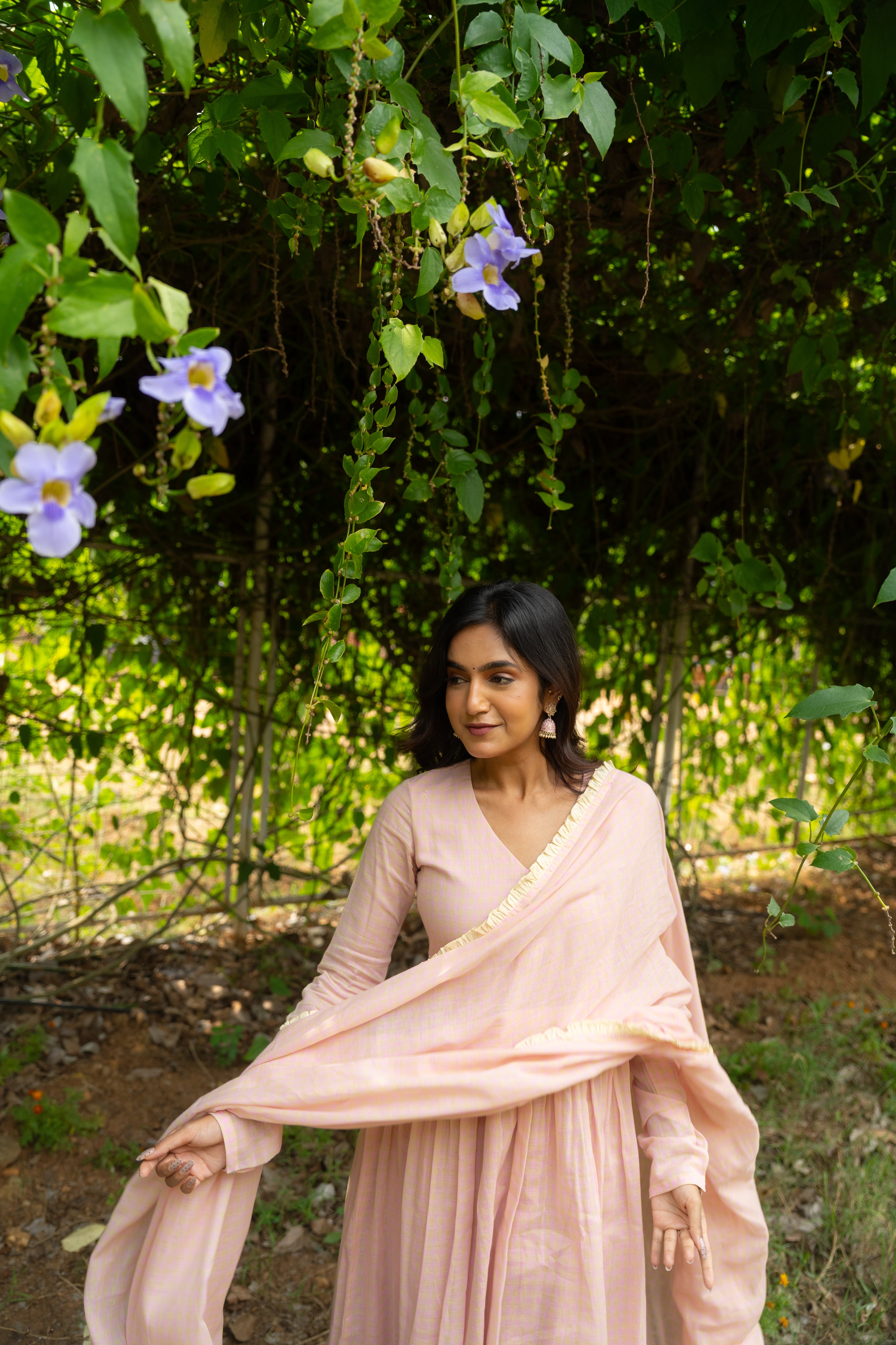 Powder pink checked Anarkali set