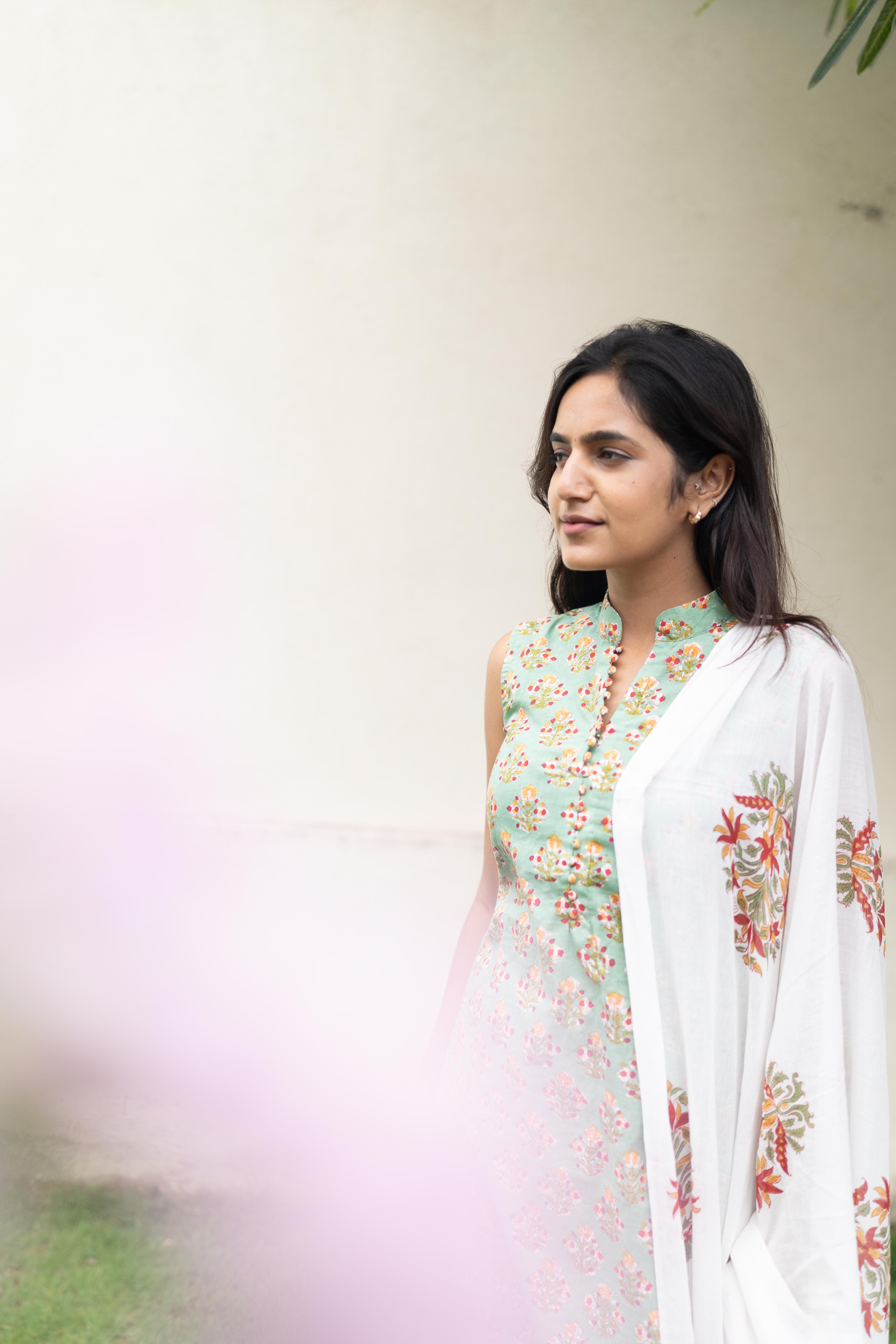 Mint green handblock printed suit set