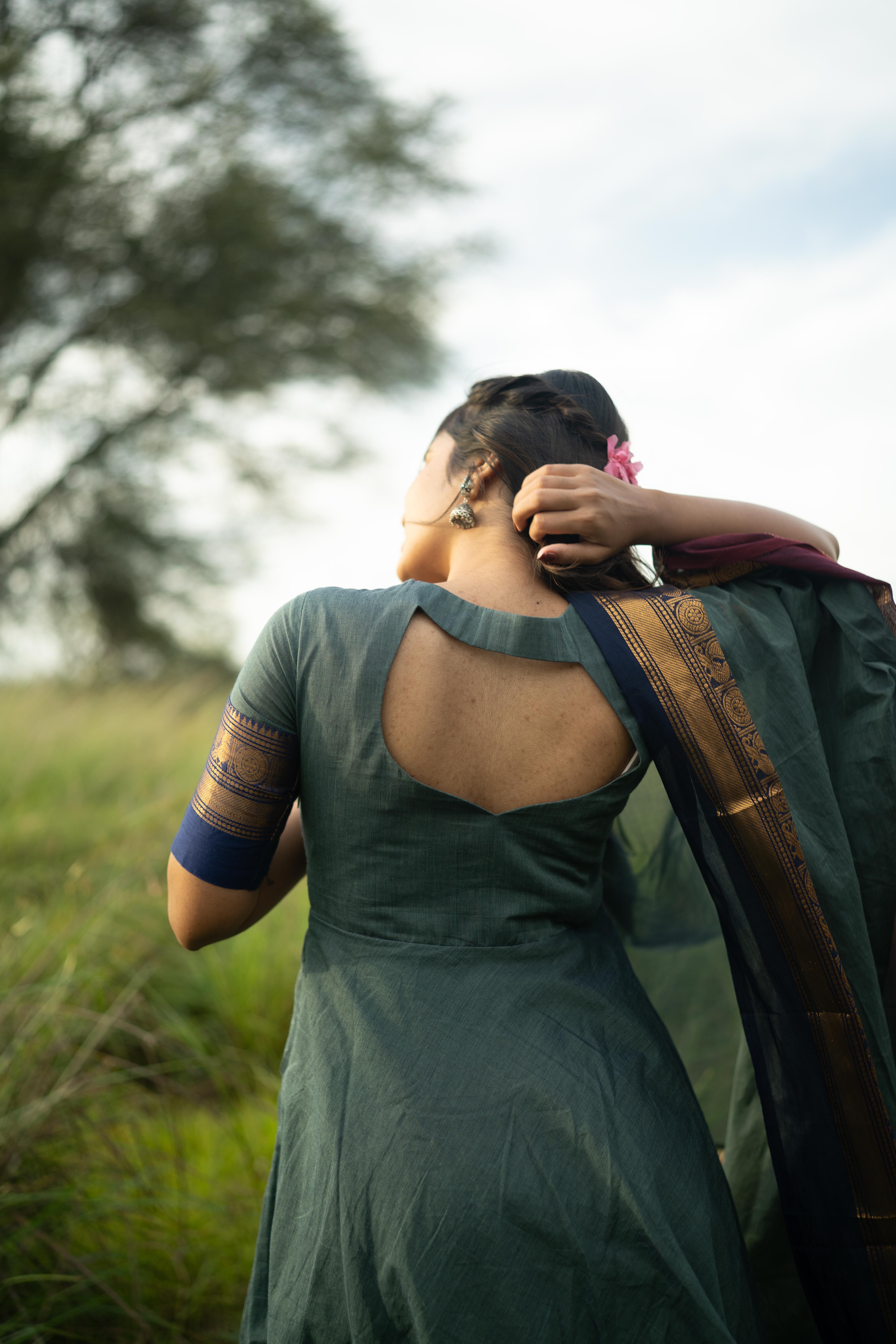 Blue with Maroon & blue Border Kanchi Cotton with potli balls Top & Dupatta