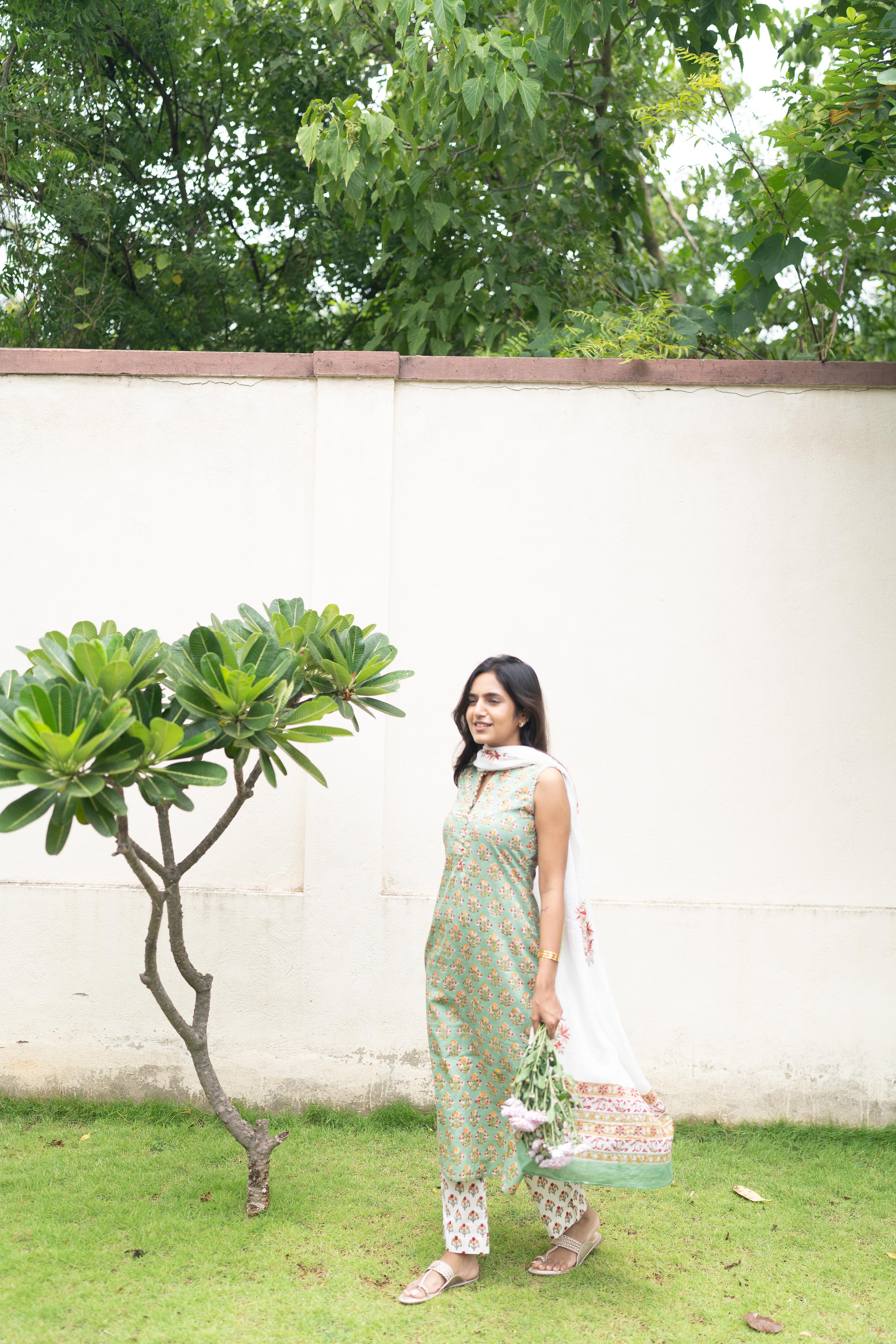 Mint green handblock printed suit set
