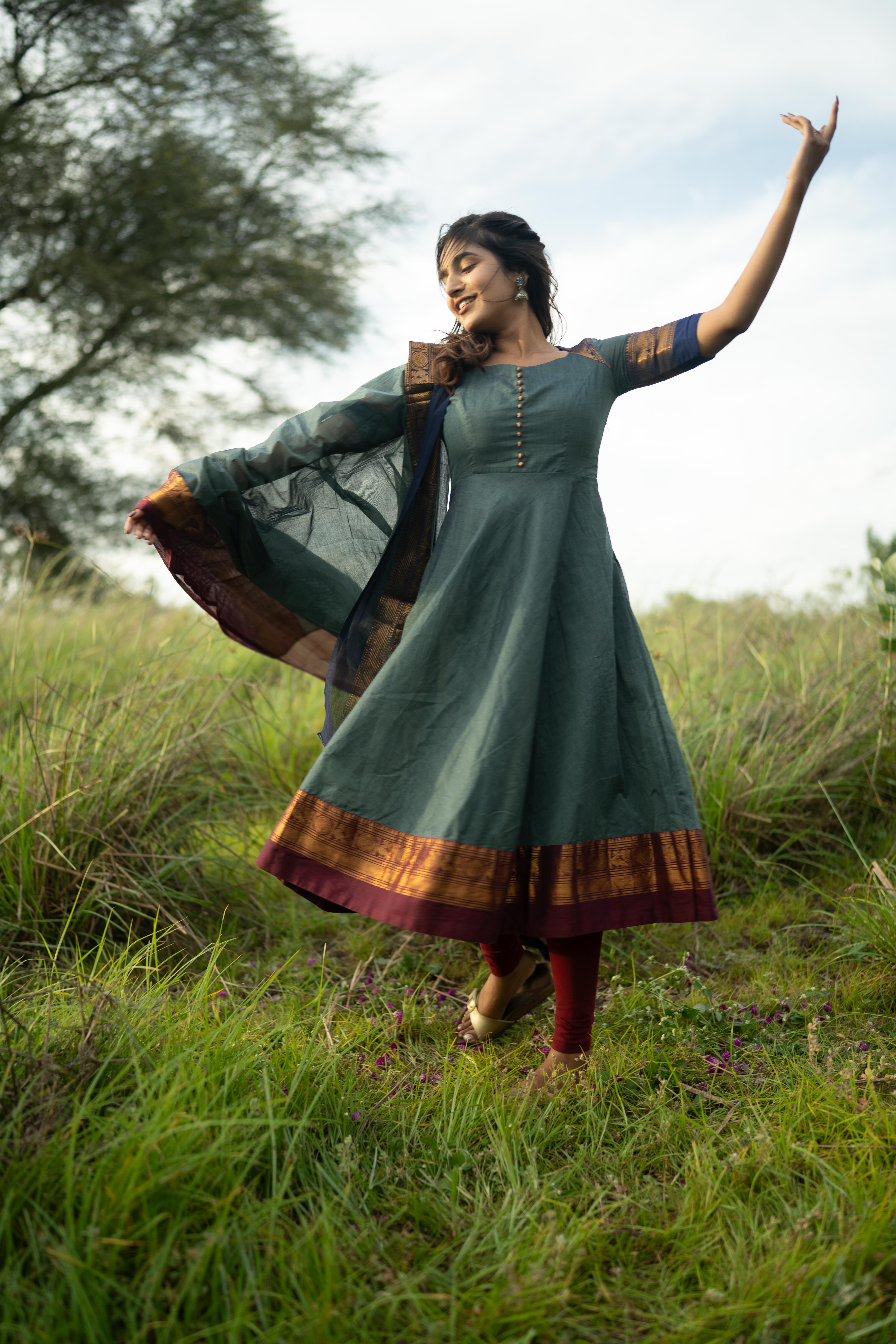 Blue with Maroon & blue Border Kanchi Cotton with potli balls Top & Dupatta