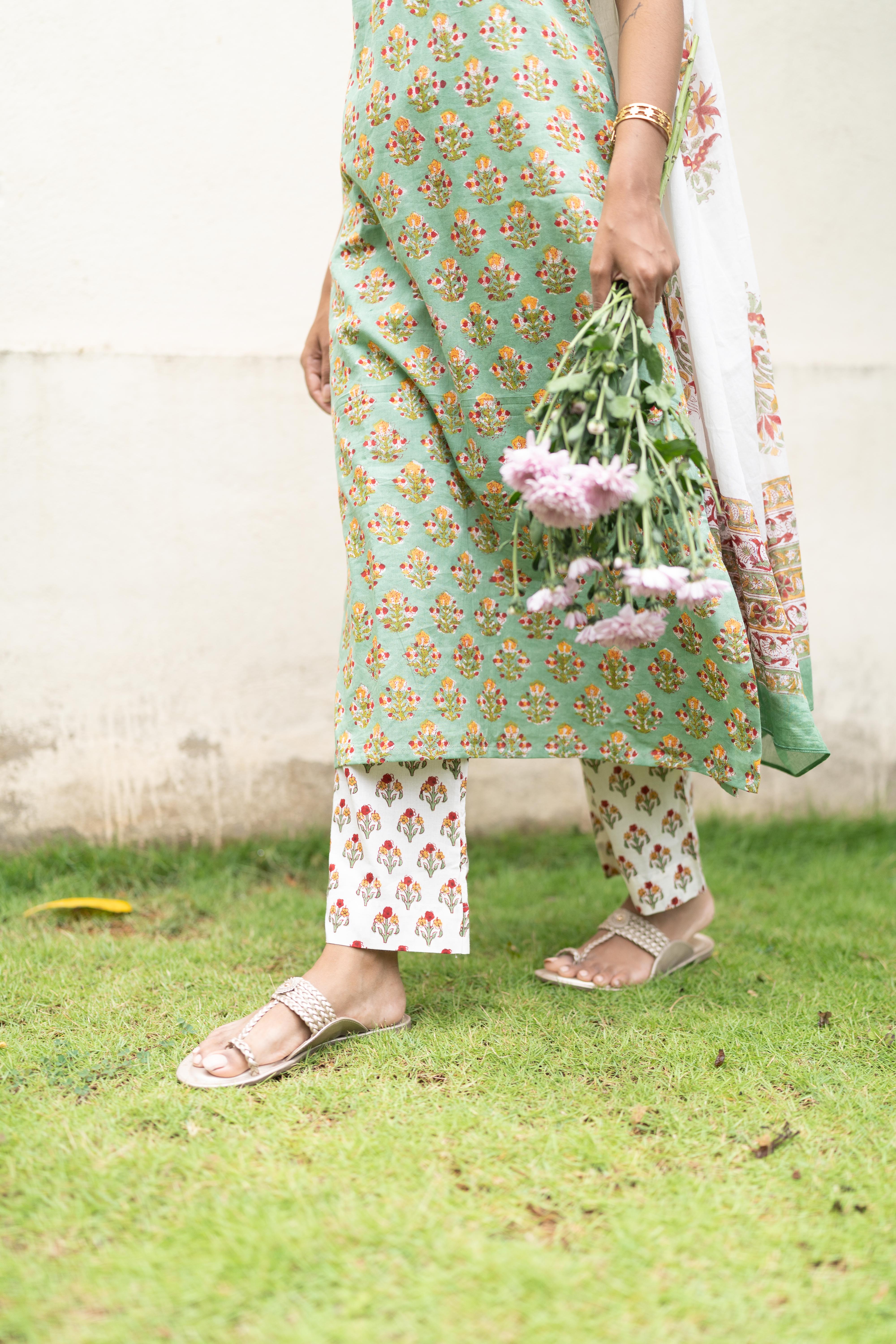 Mint green handblock printed suit set