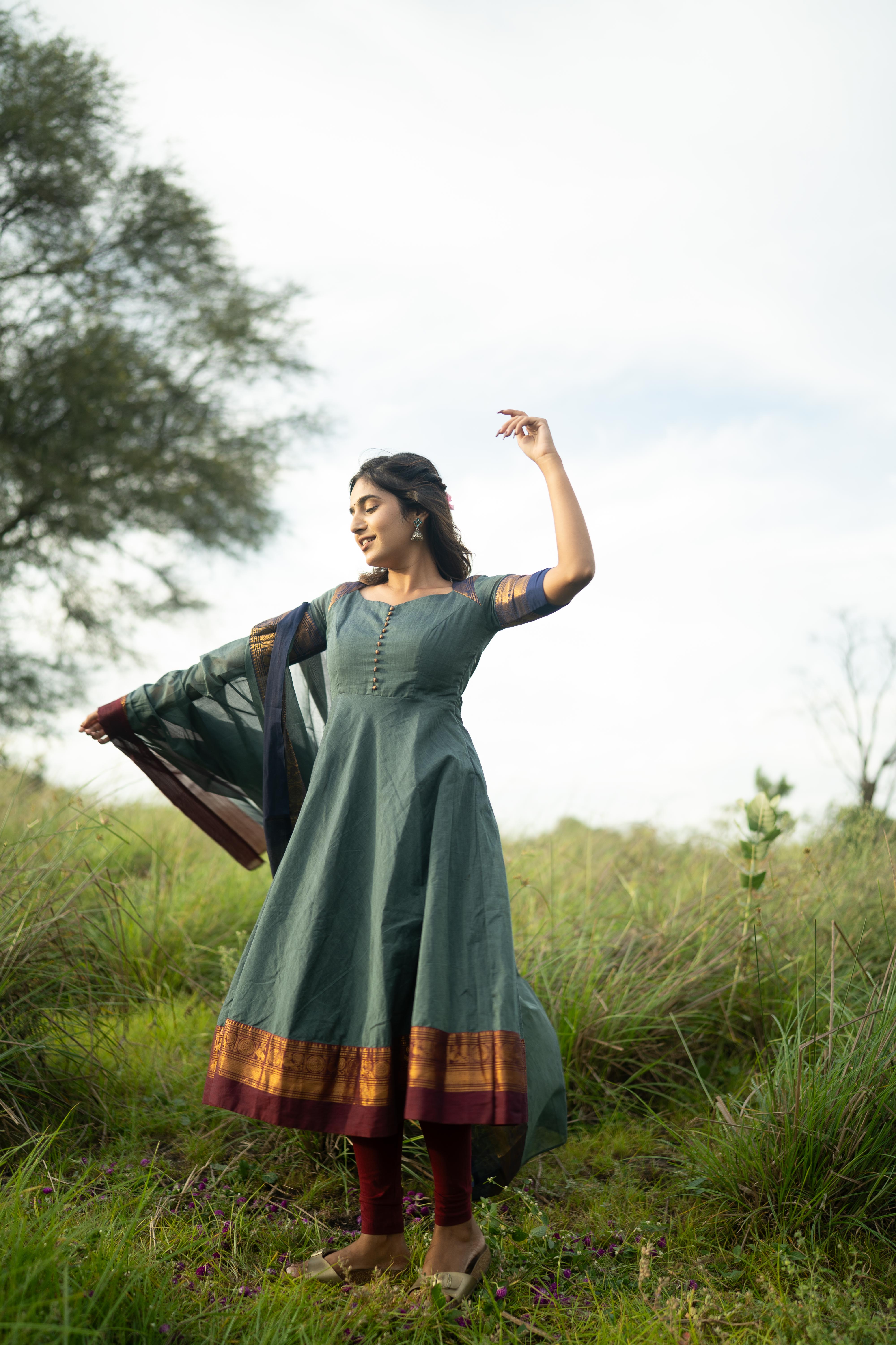 Blue with Maroon & blue Border Kanchi Cotton with potli balls Top & Dupatta