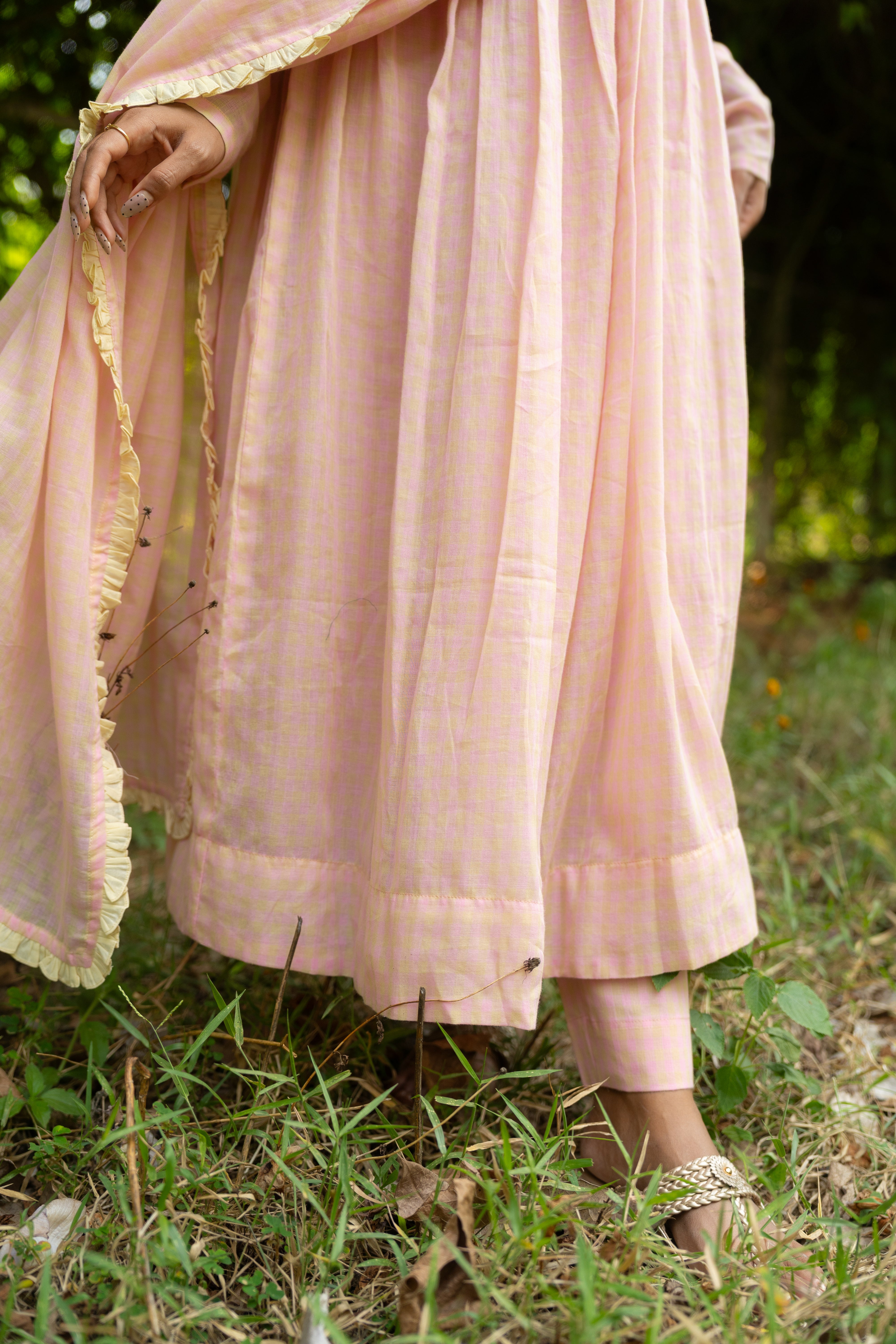 Powder pink checked Anarkali set