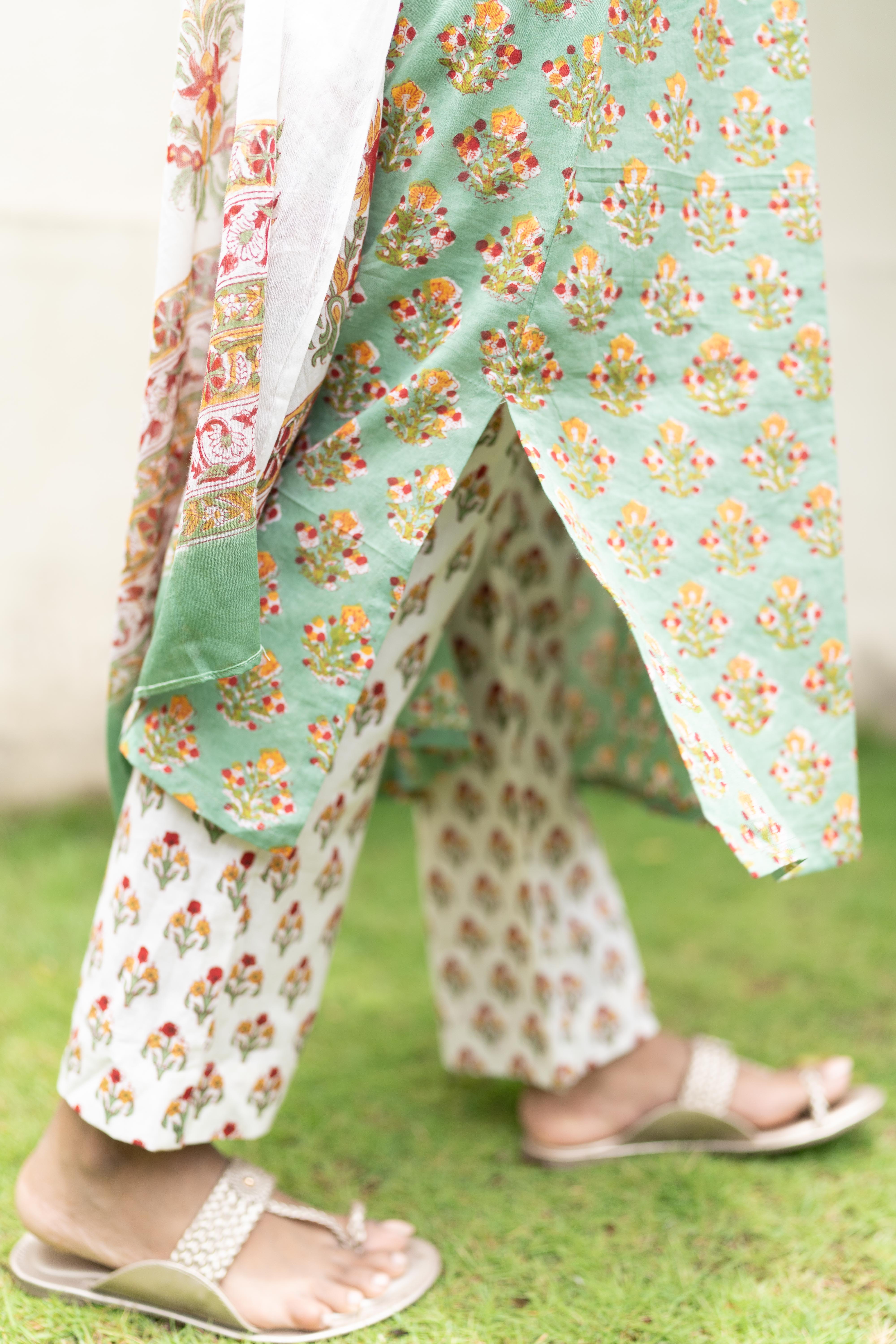 Mint green handblock printed suit set