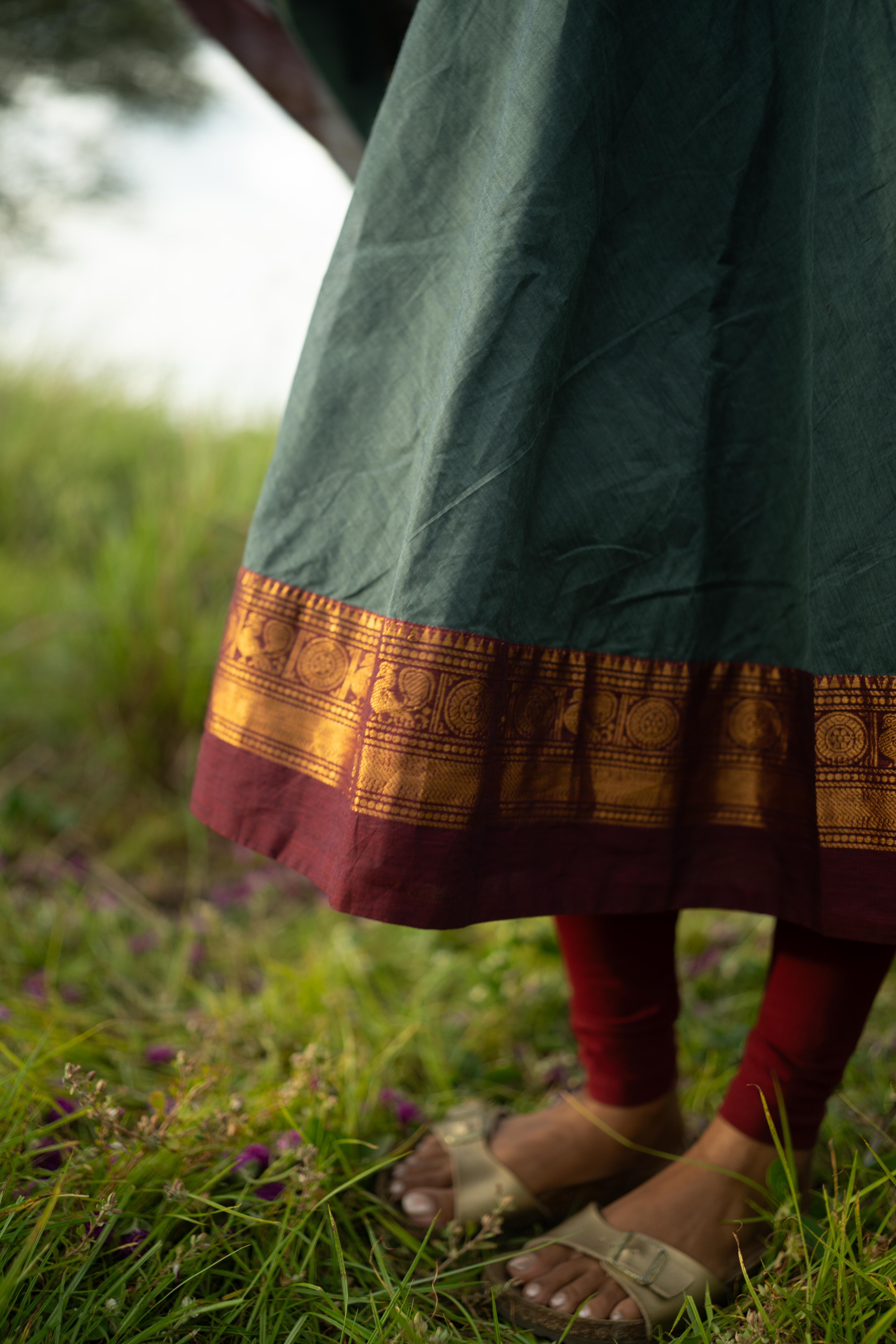 Blue with Maroon & blue Border Kanchi Cotton with potli balls Top & Dupatta
