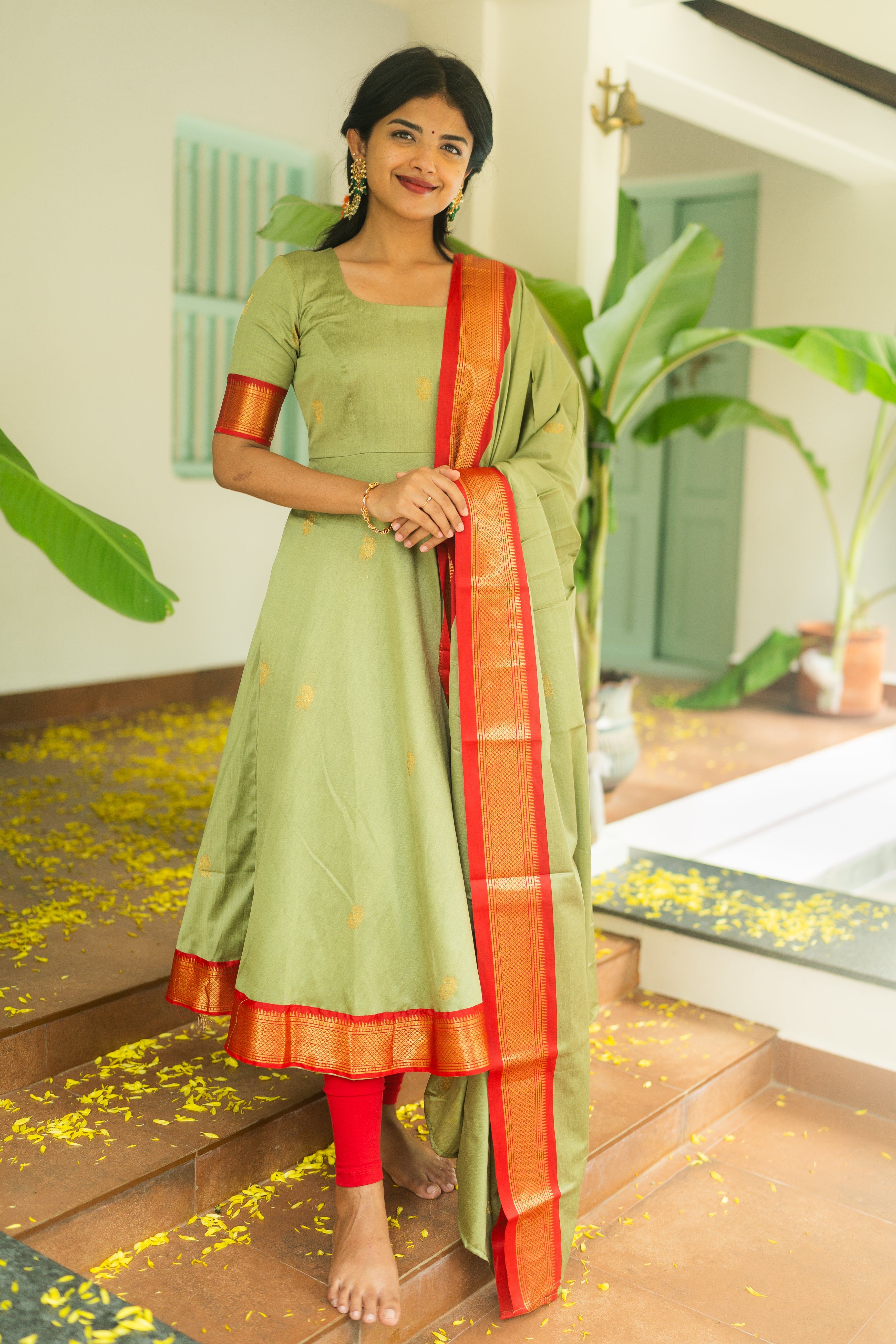 Pastel Green Silk Cotton Anarkali Top & Dupatta