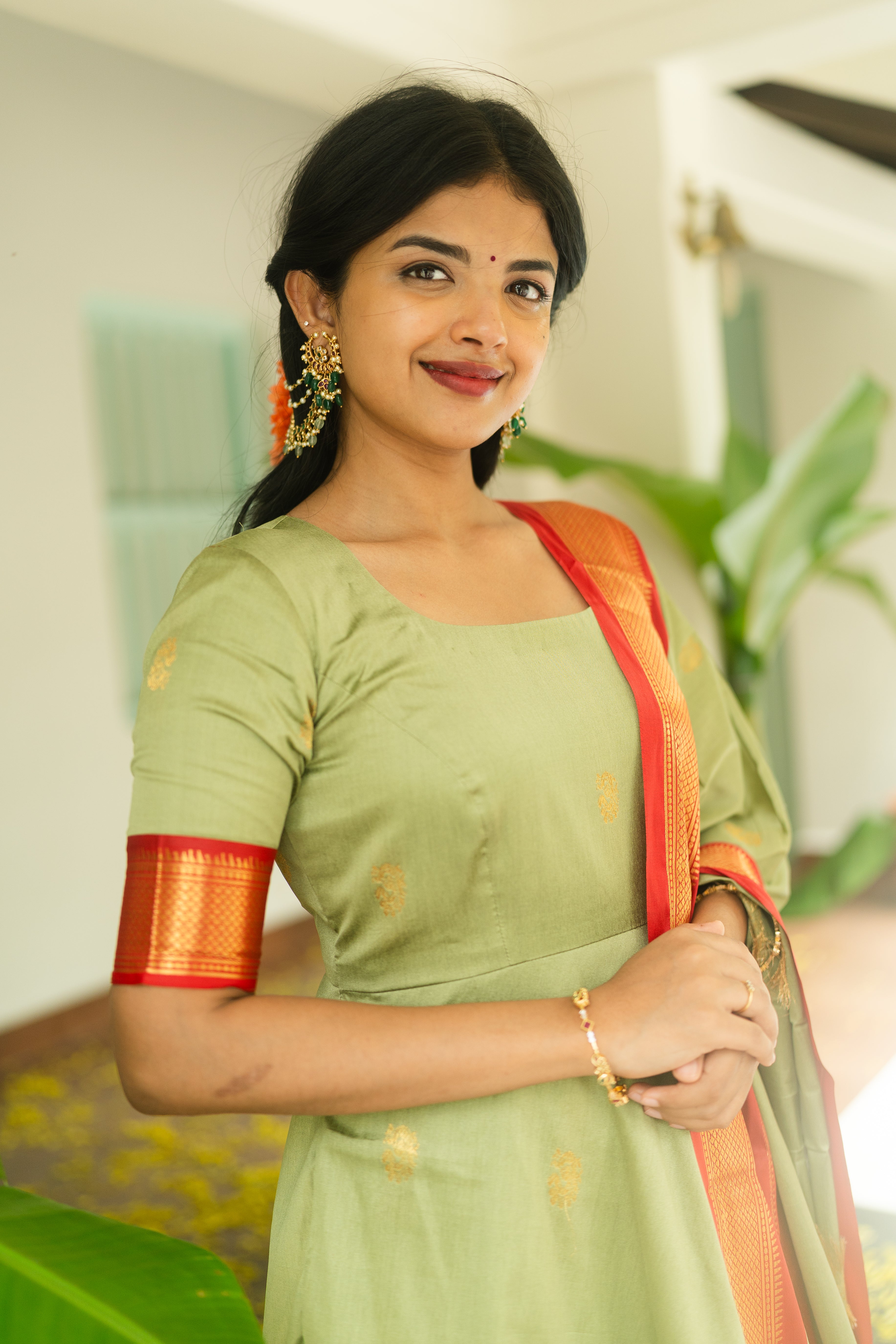 Pastel Green Silk Cotton Anarkali Top & Dupatta