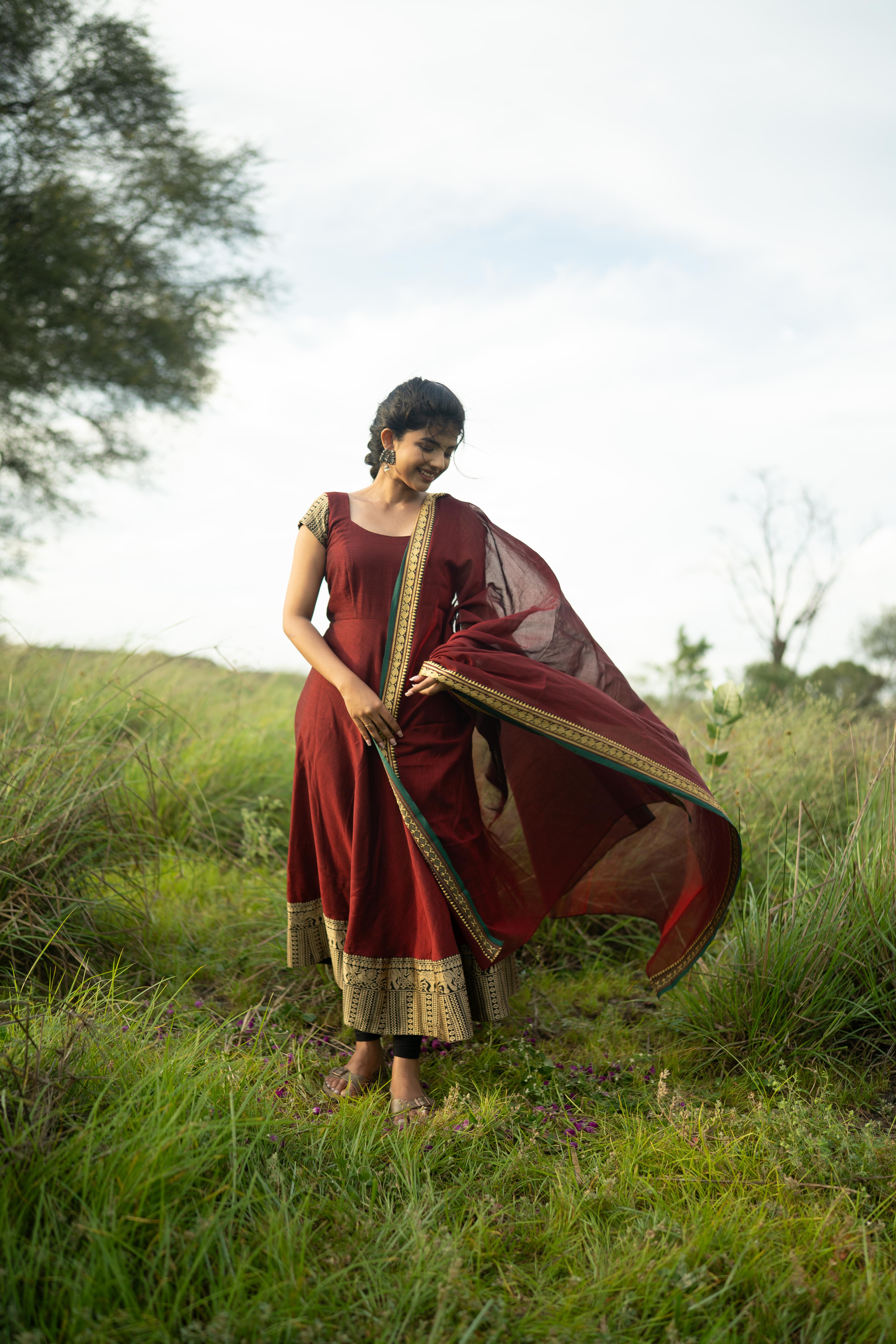 Red with Green Border malar narayanpet Top & Dupatta