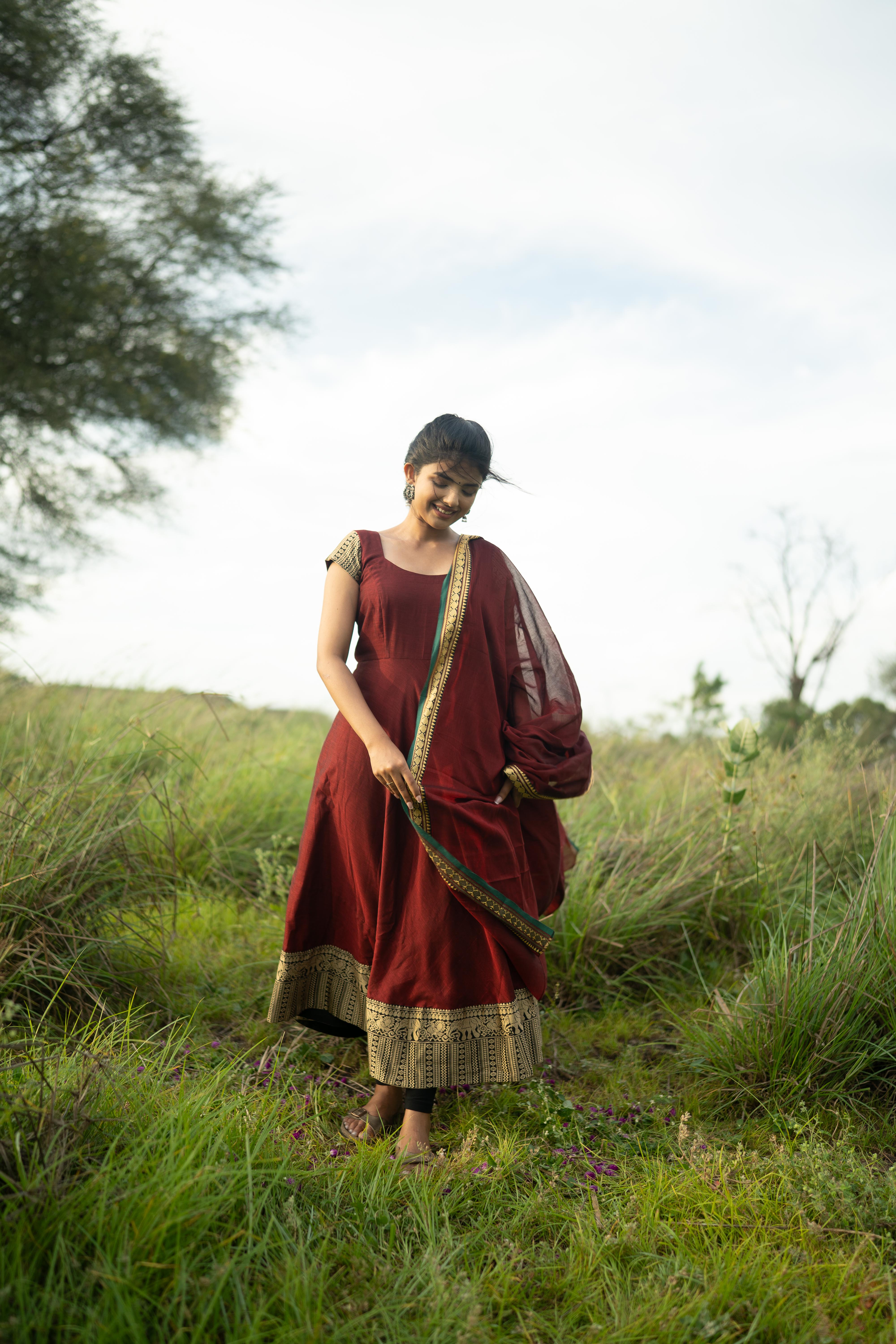 Red with Green Border malar narayanpet Top & Dupatta