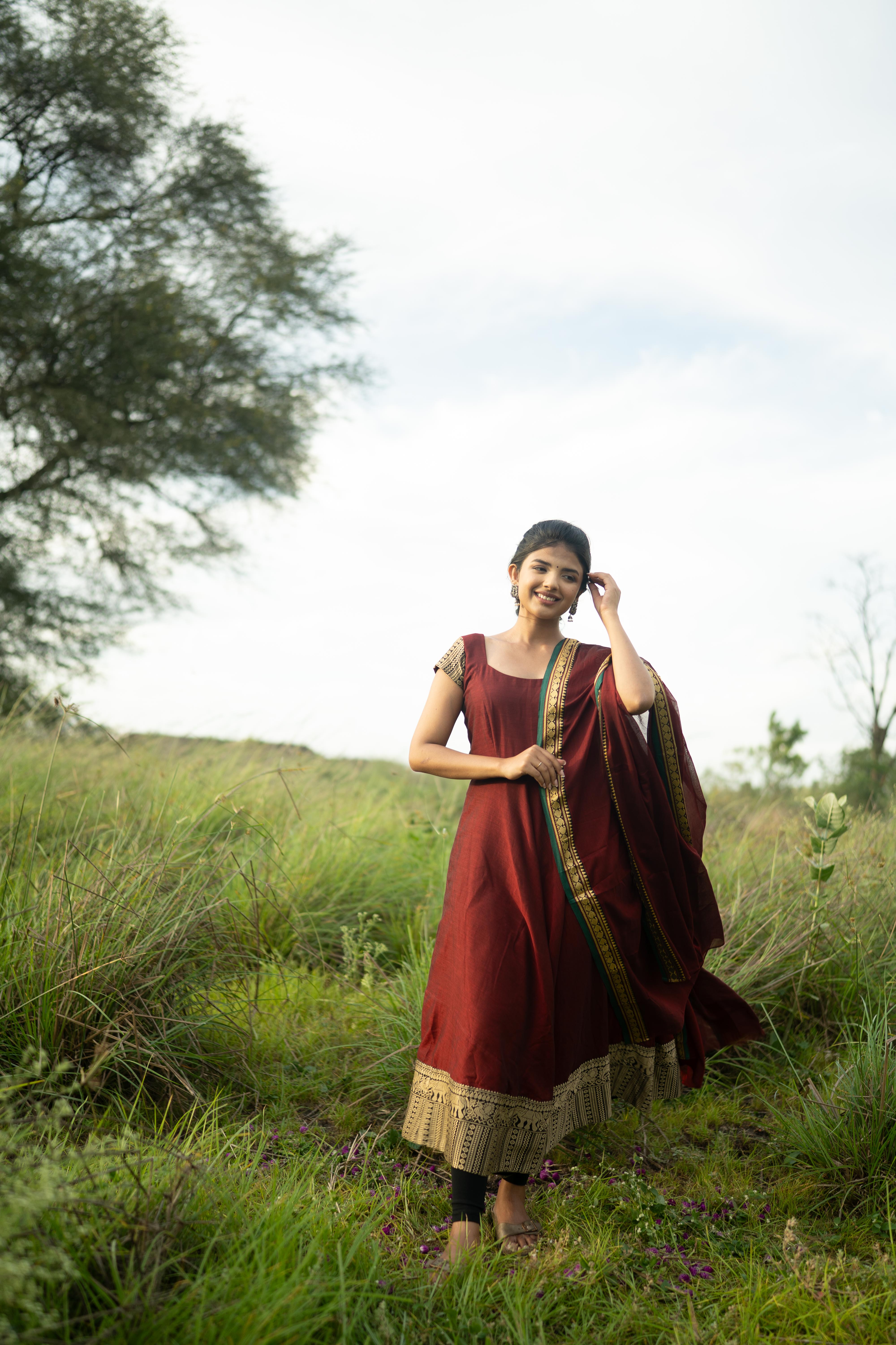 Red with Green Border malar narayanpet Top & Dupatta