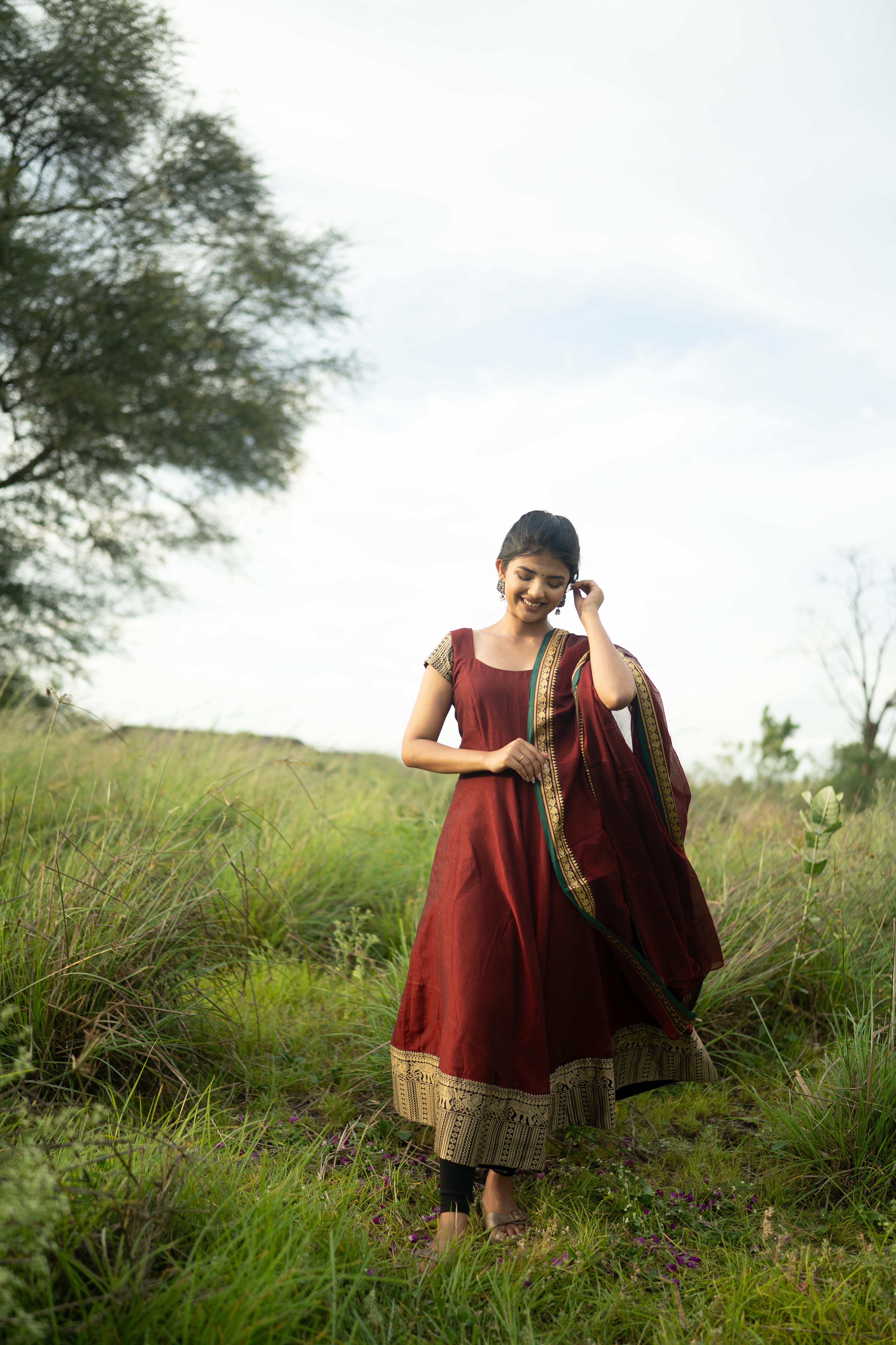 Red with Green Border malar narayanpet Top & Dupatta
