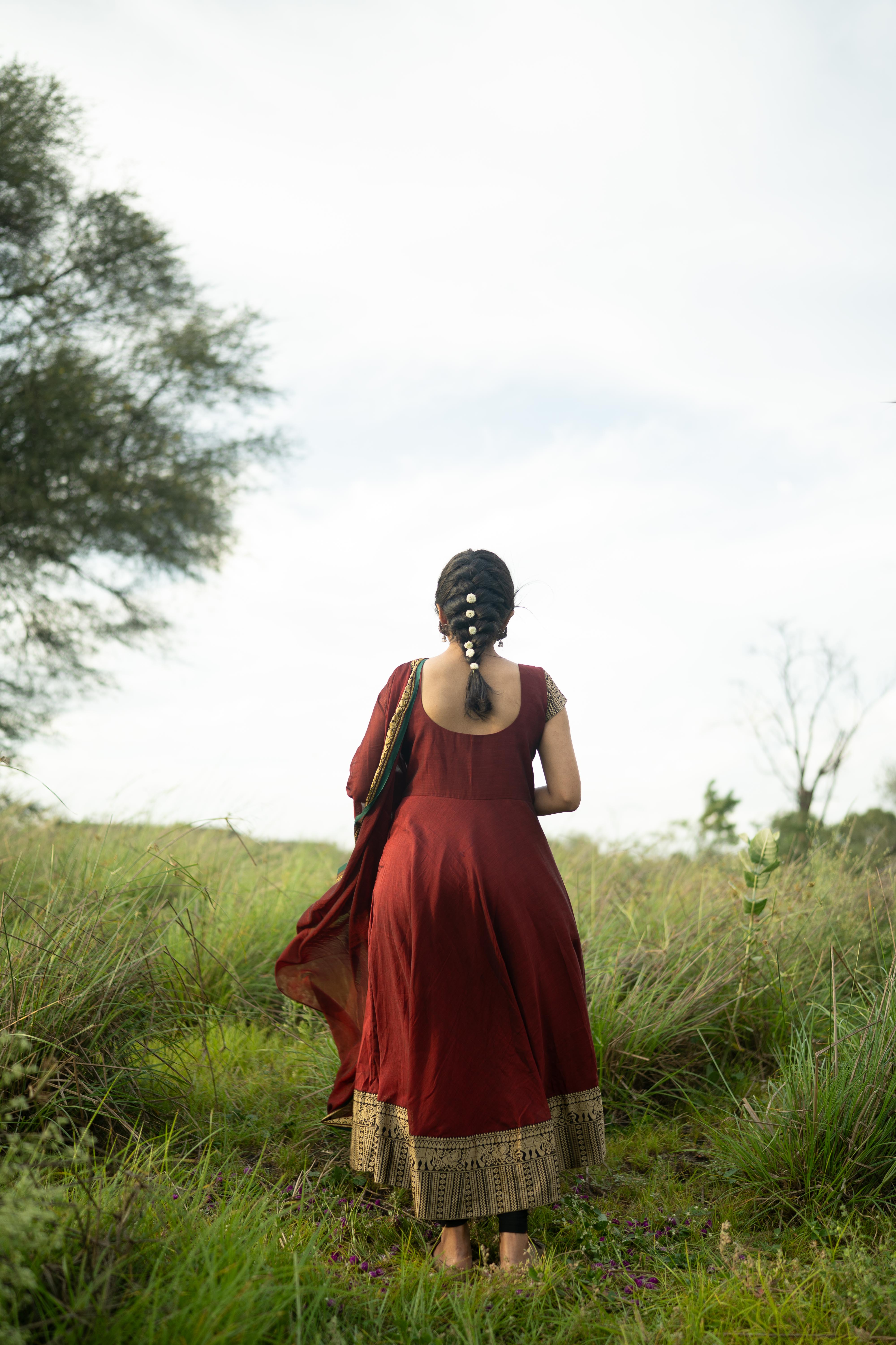 Red with Green Border malar narayanpet Top & Dupatta