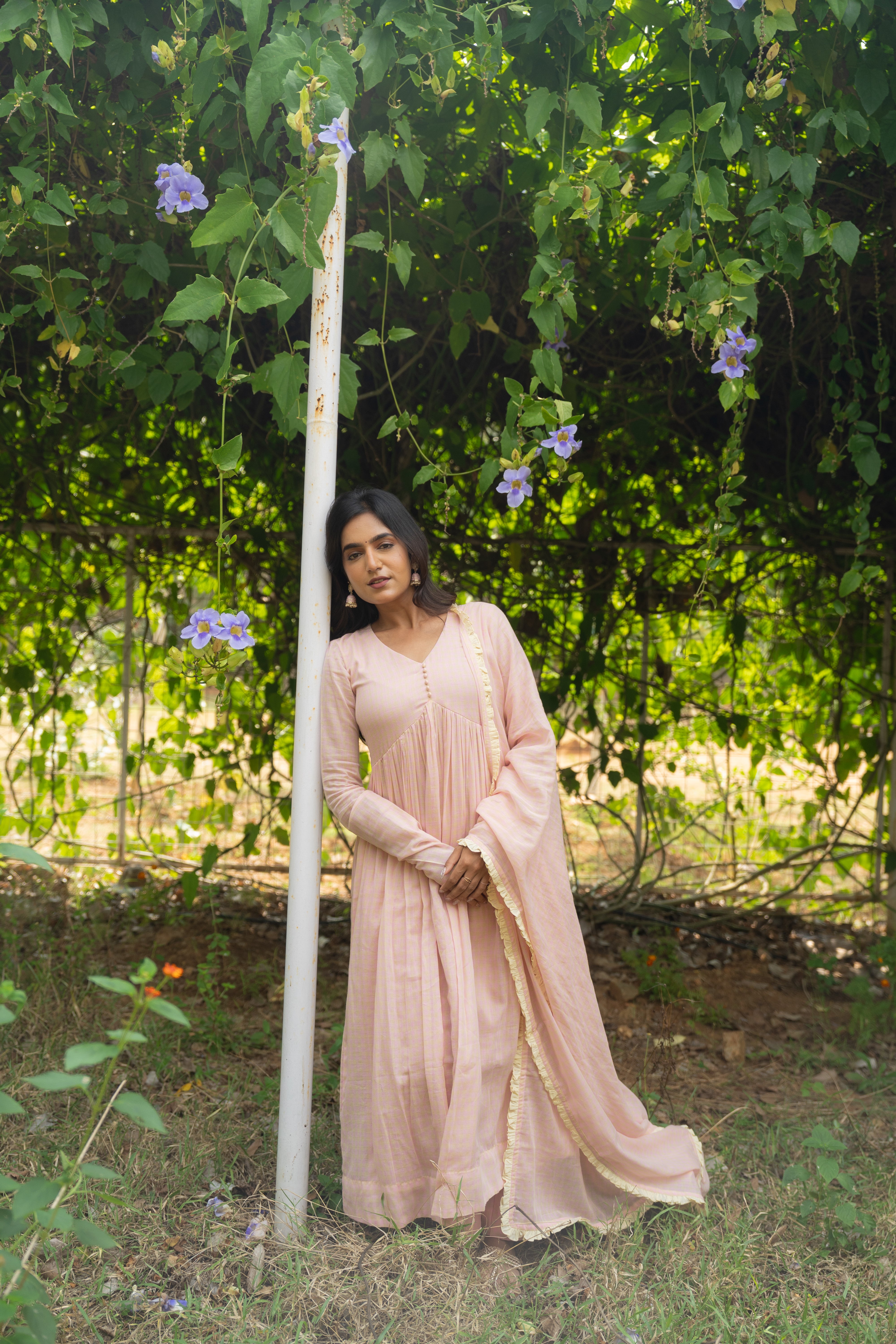 Powder pink checked Anarkali set