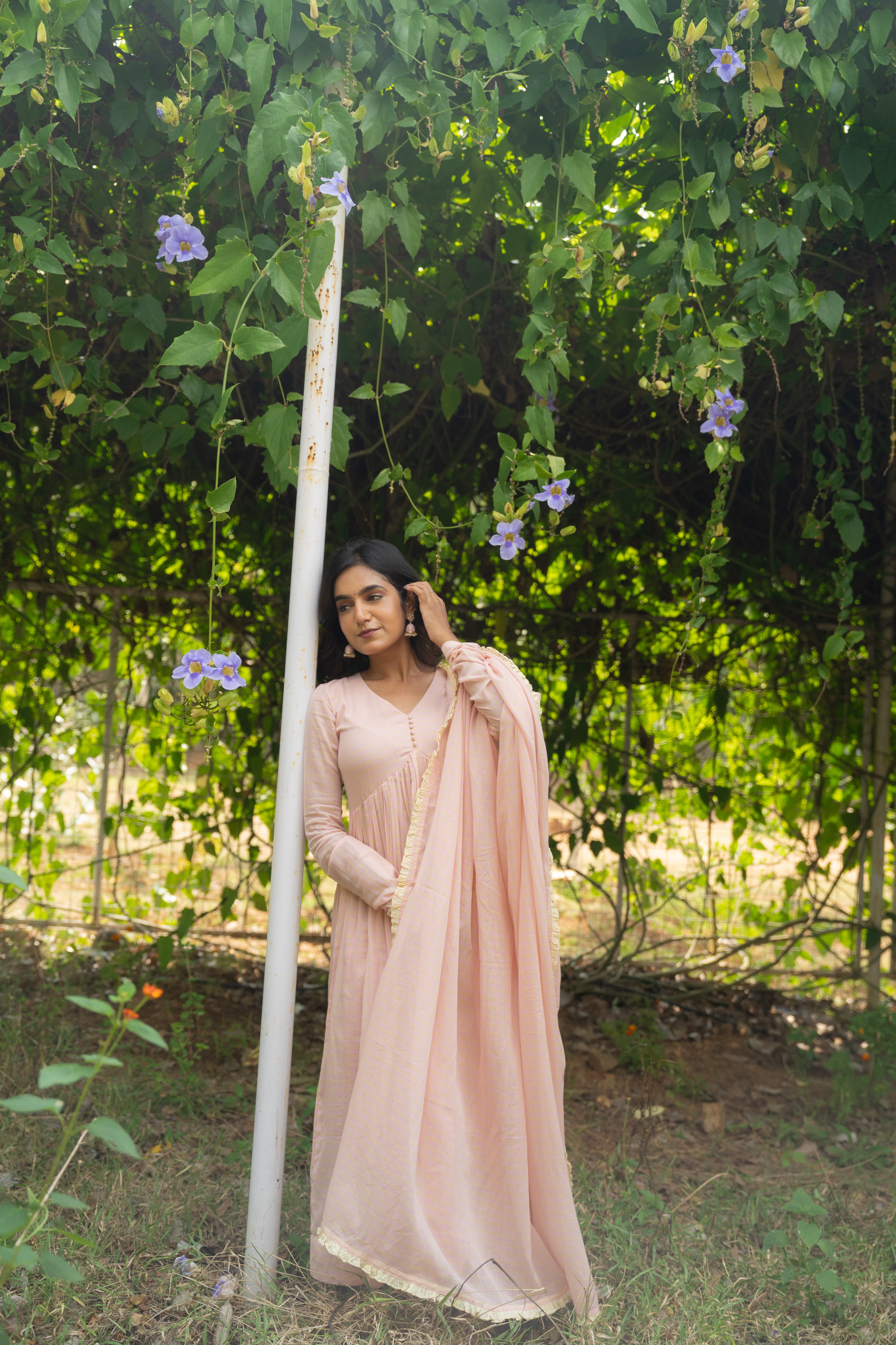 Powder pink checked Anarkali set