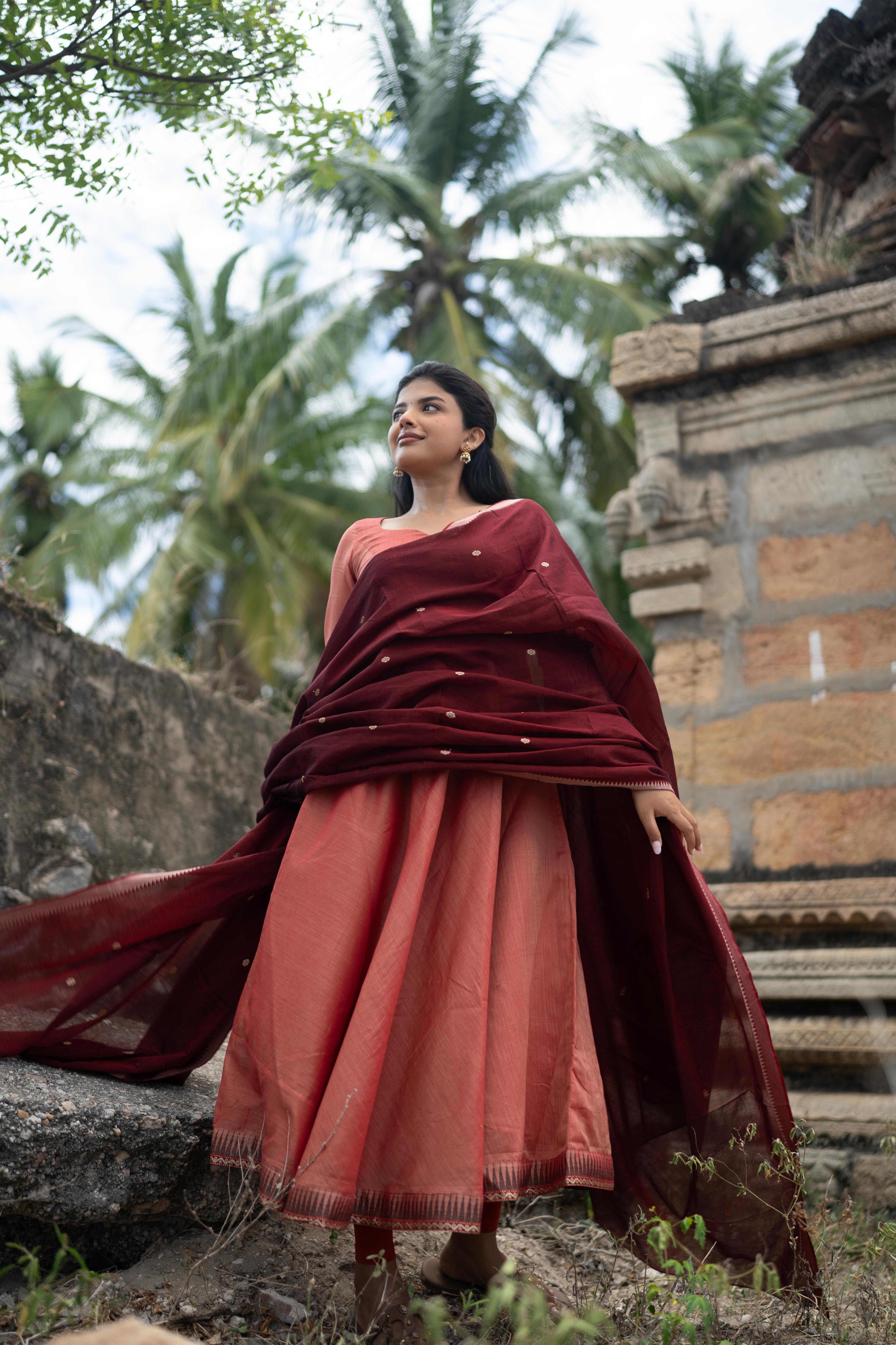 Coral with Maroon dupatta Anarkali set