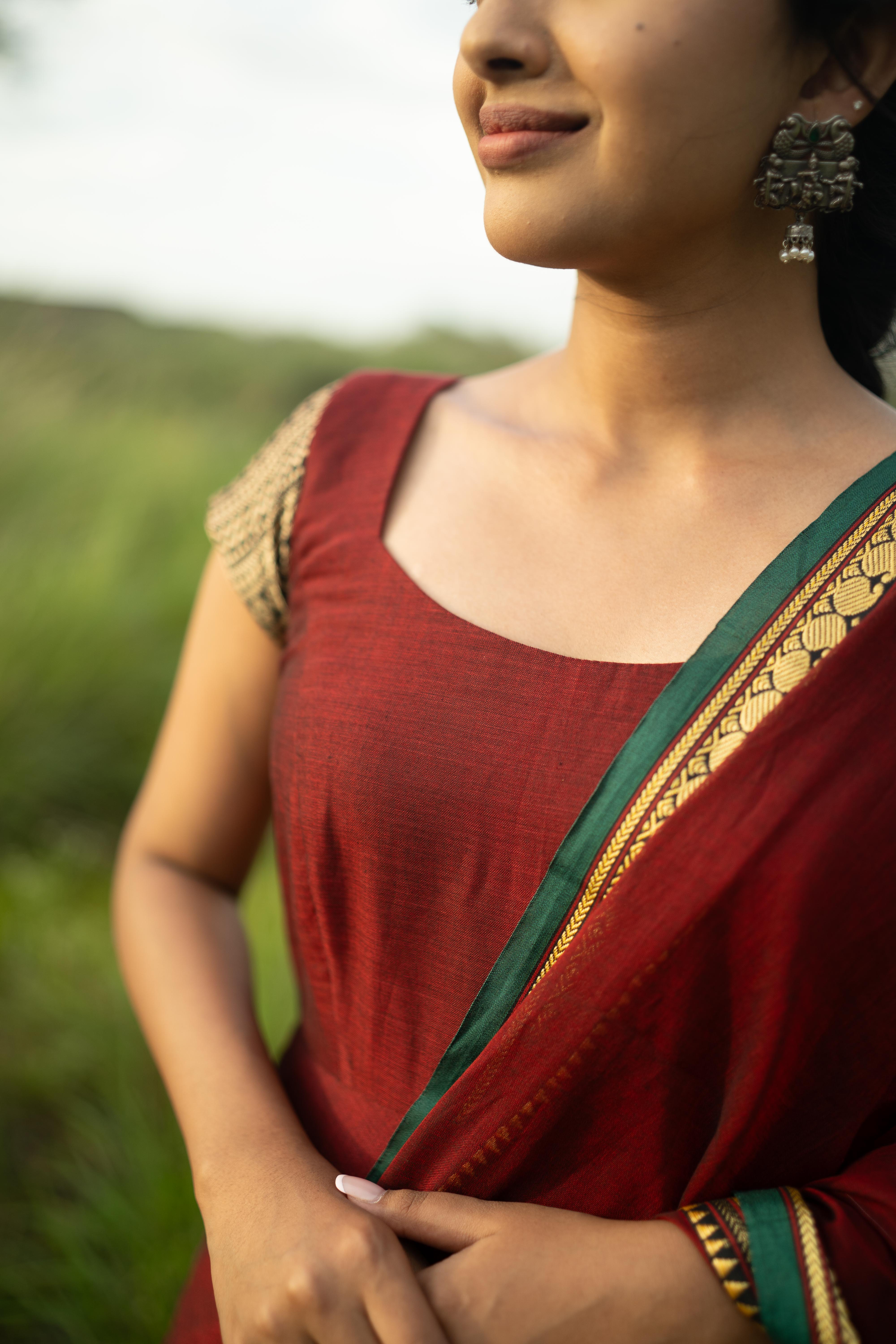 Red with Green Border malar narayanpet Top & Dupatta