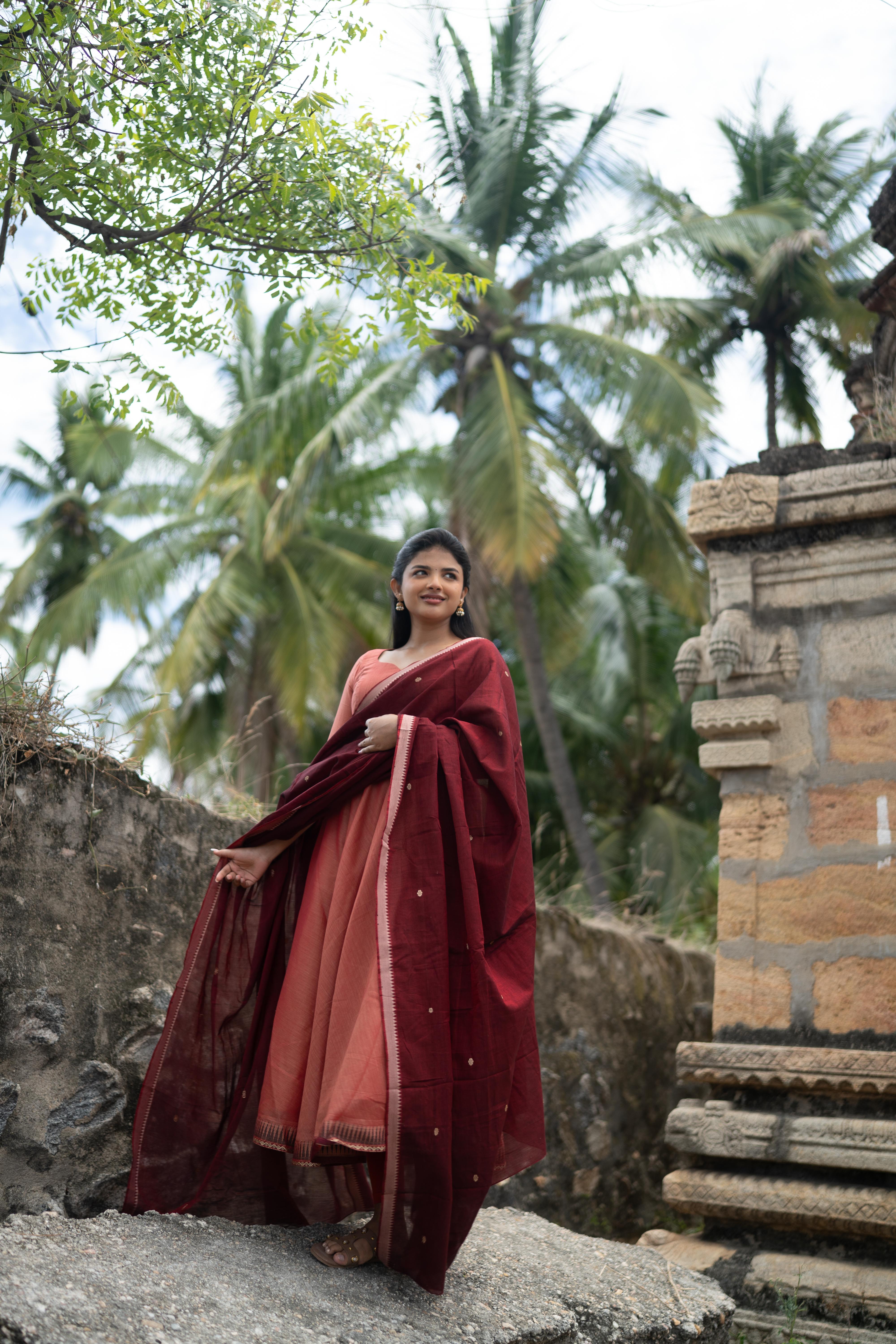 Coral with Maroon dupatta Anarkali set
