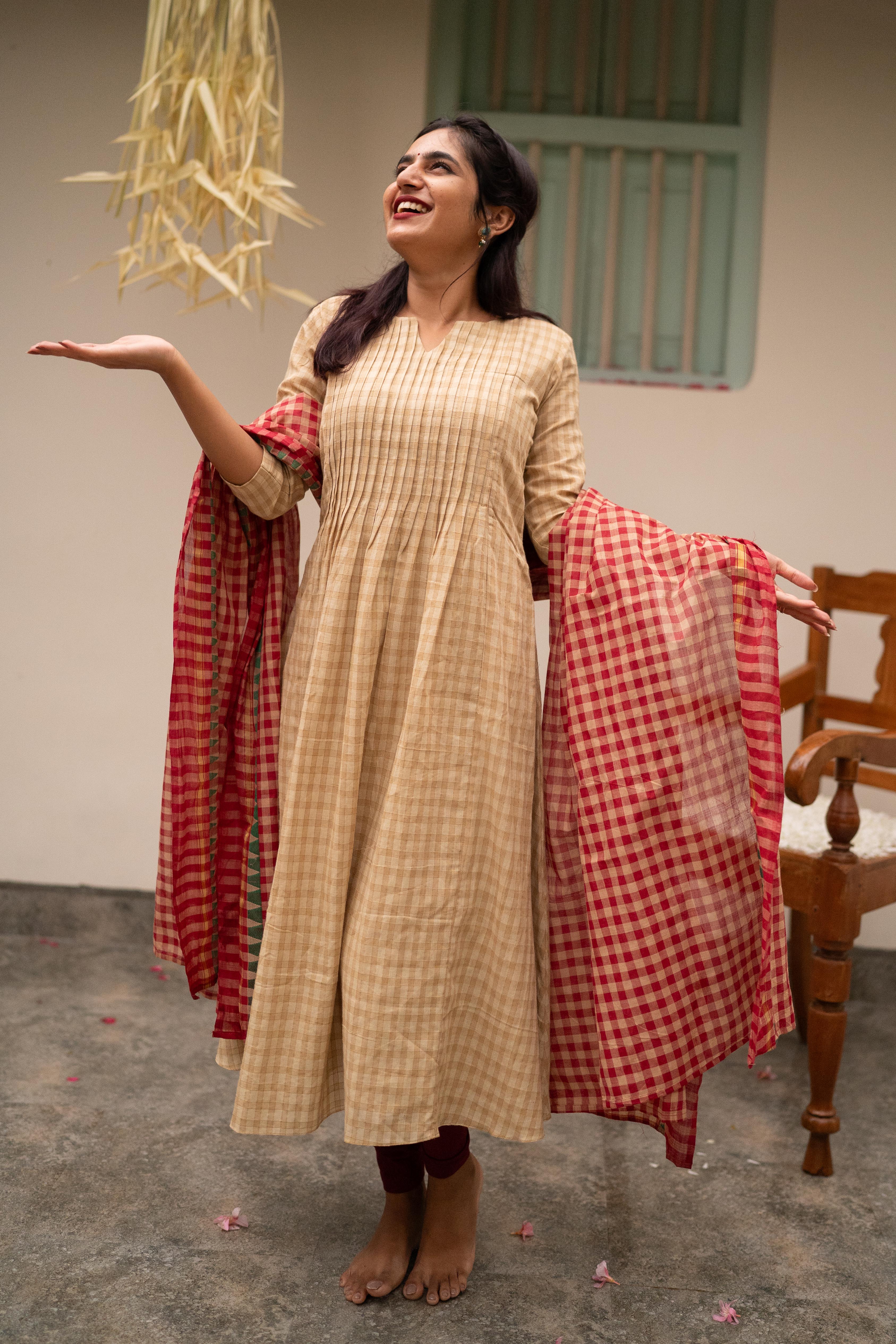 Beige Kattam Top with Red Dupatta