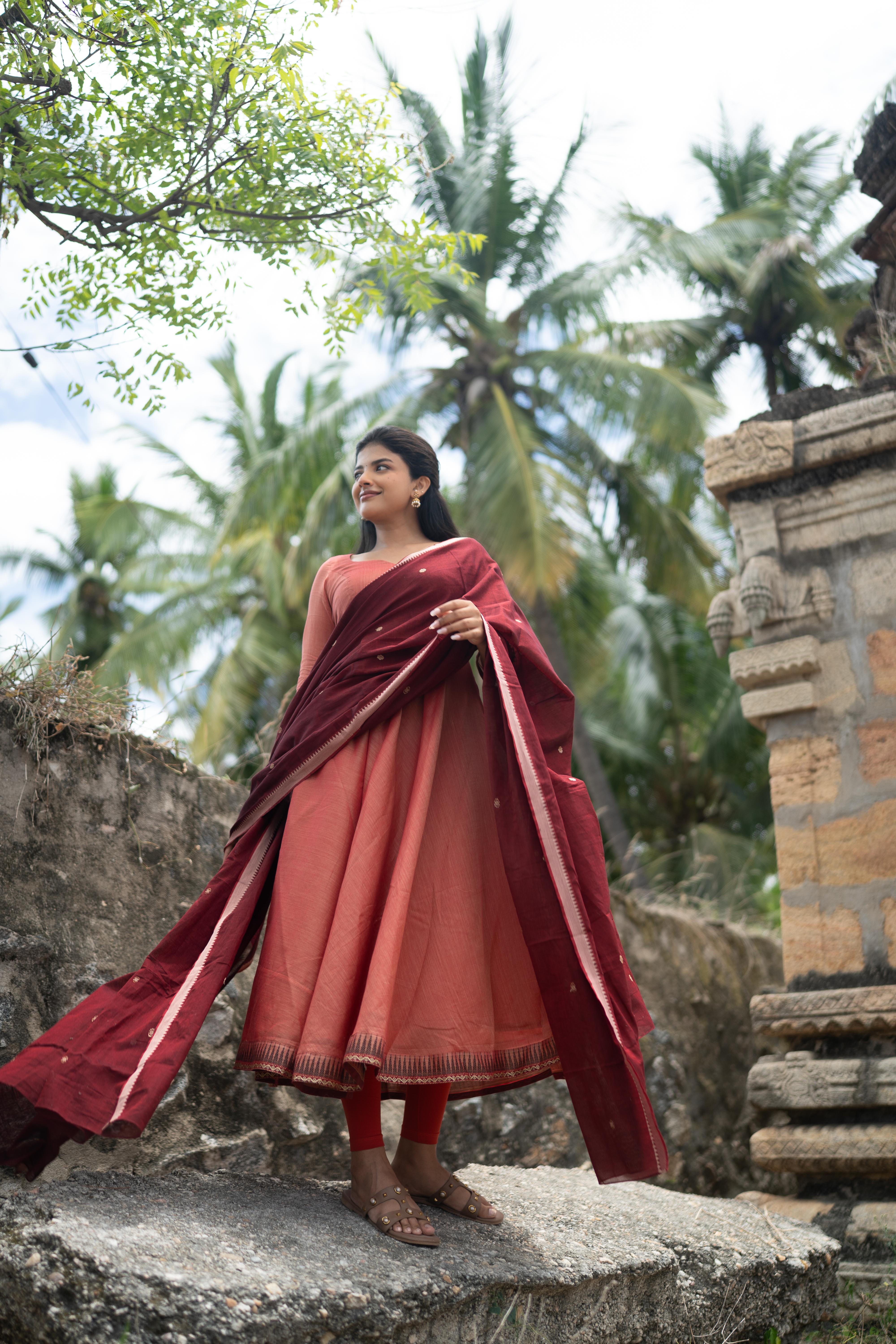 Coral with Maroon dupatta Anarkali set