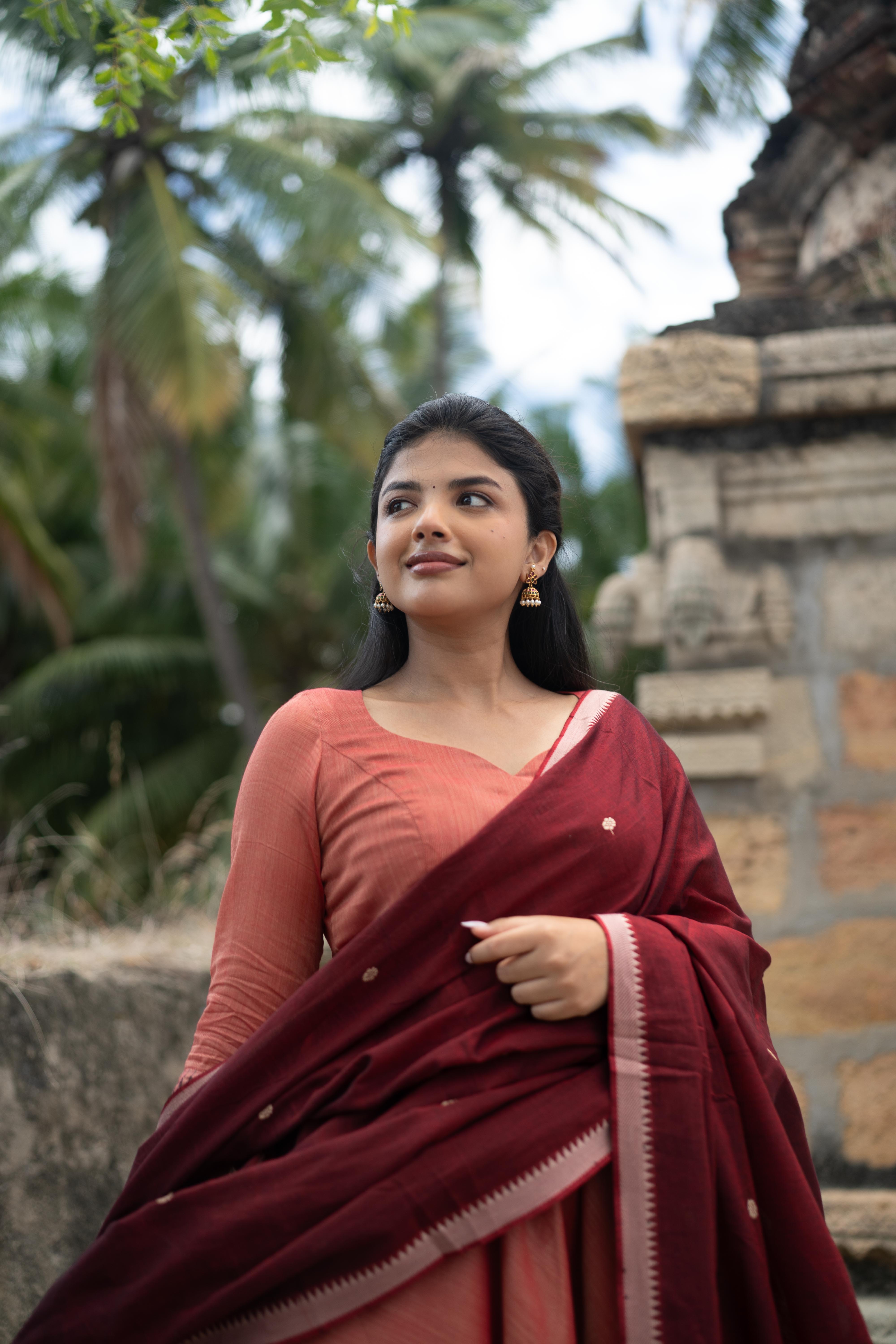Coral with Maroon dupatta Anarkali set